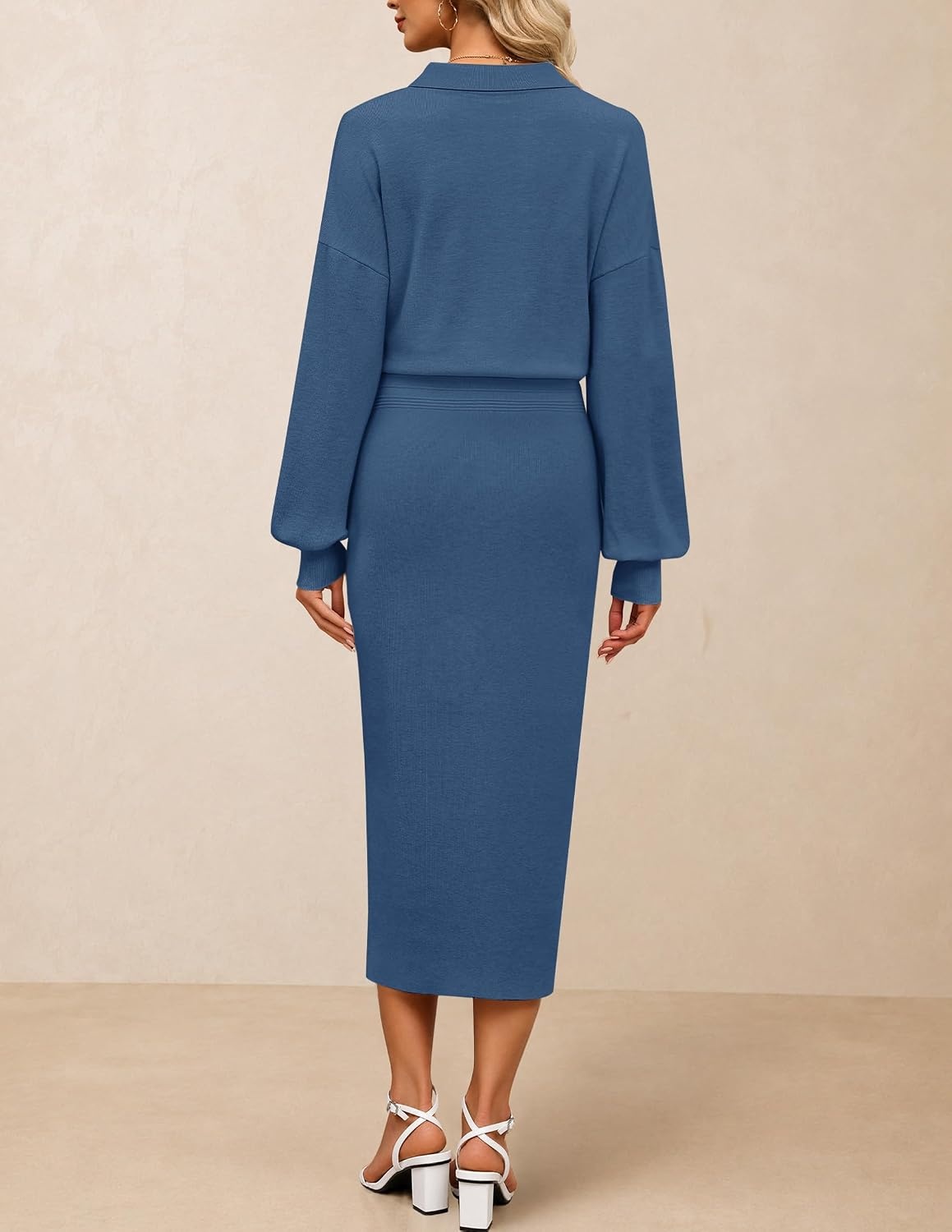image:imageMEROKEETY Womens Fall Long Sleeve Bodycon Midi Sweater DressDarkblue