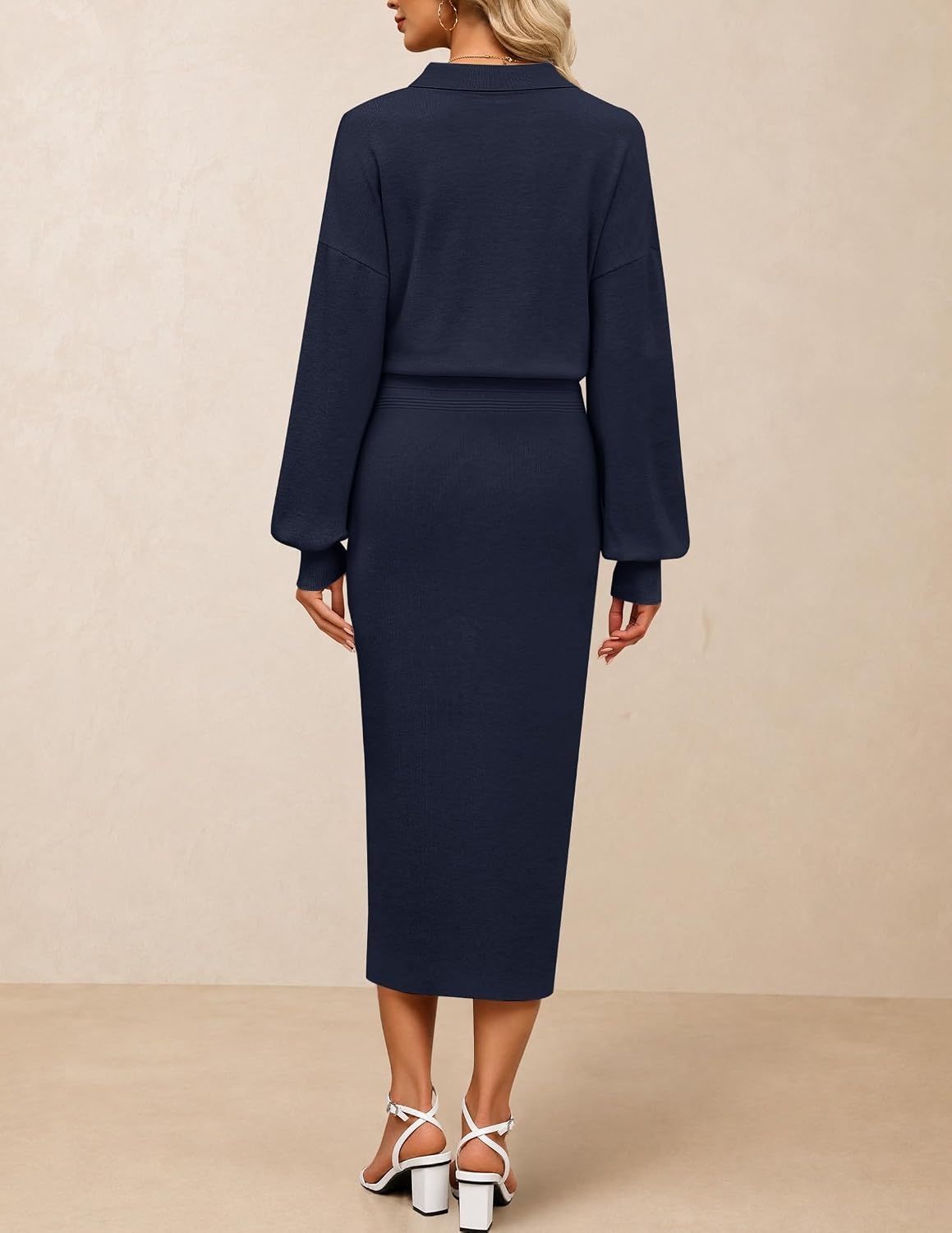 image:imageMEROKEETY Womens Fall Long Sleeve Bodycon Midi Sweater DressNavy