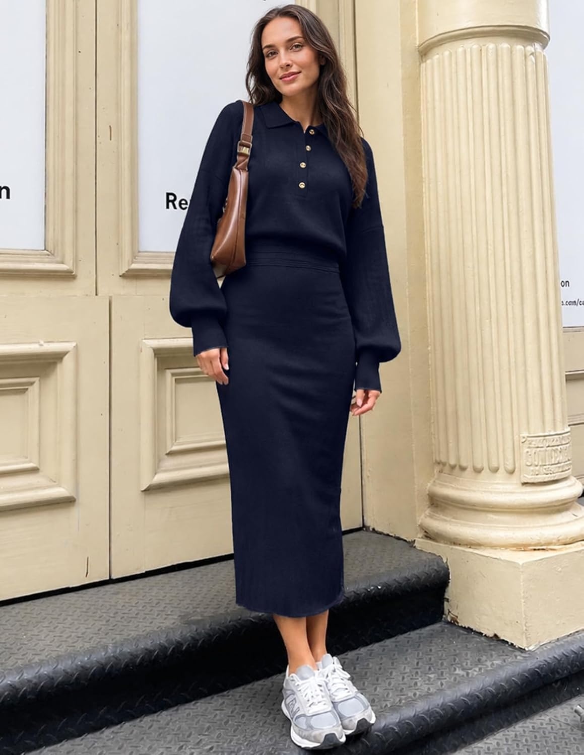 image:imageMEROKEETY Womens Fall Long Sleeve Bodycon Midi Sweater DressNavy