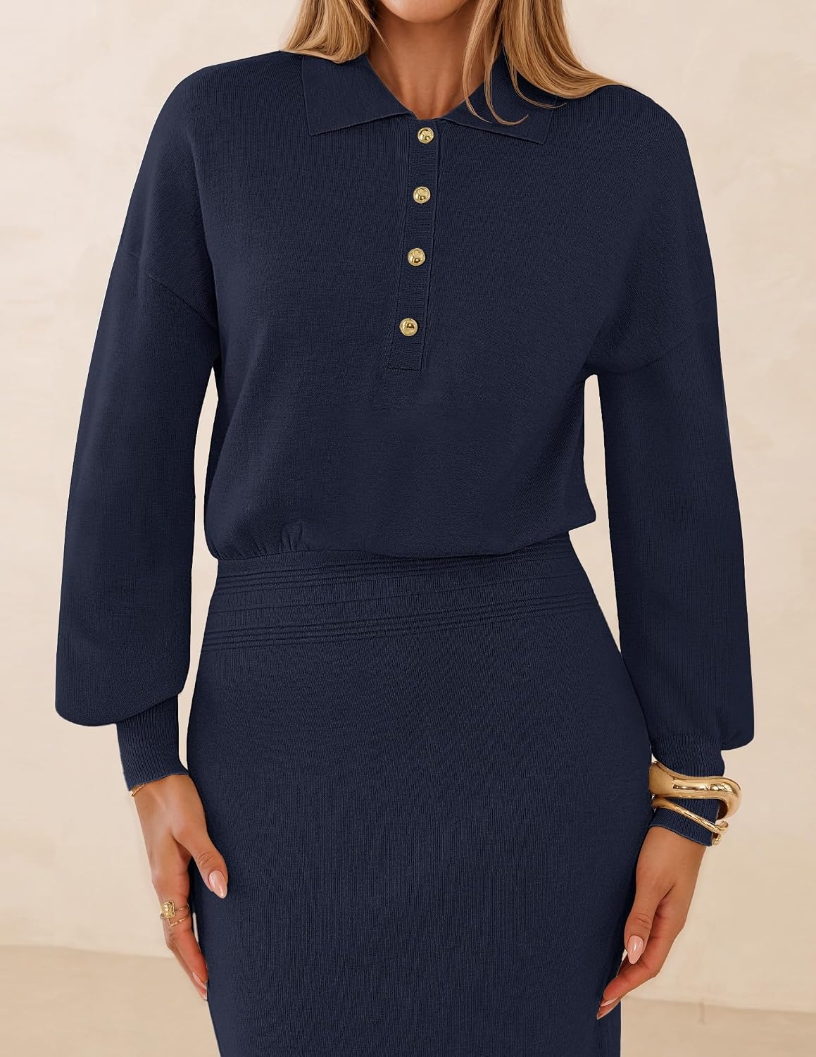 image:imageMEROKEETY Womens Fall Long Sleeve Bodycon Midi Sweater DressNavy