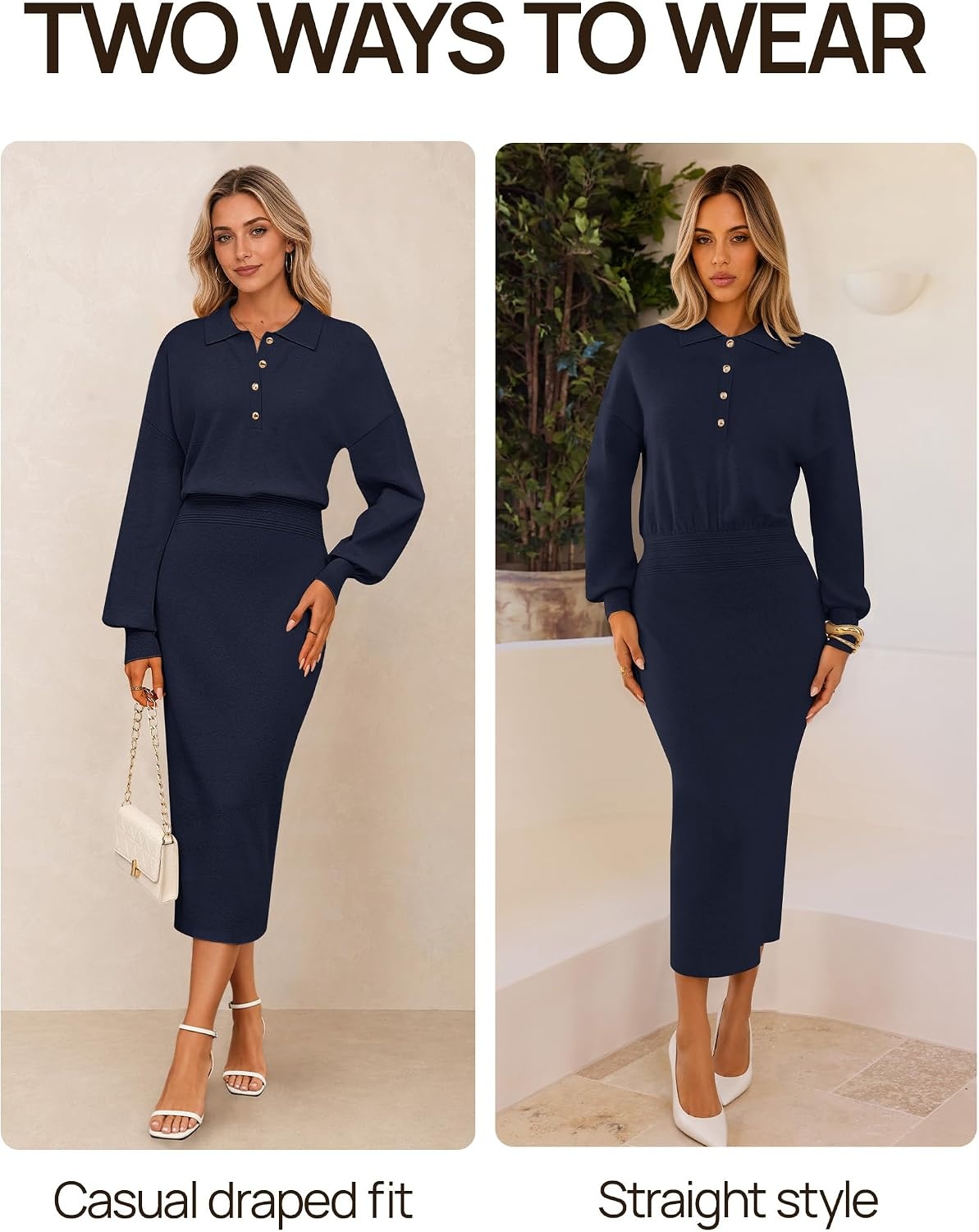 image:imageMEROKEETY Womens Fall Long Sleeve Bodycon Midi Sweater DressNavy