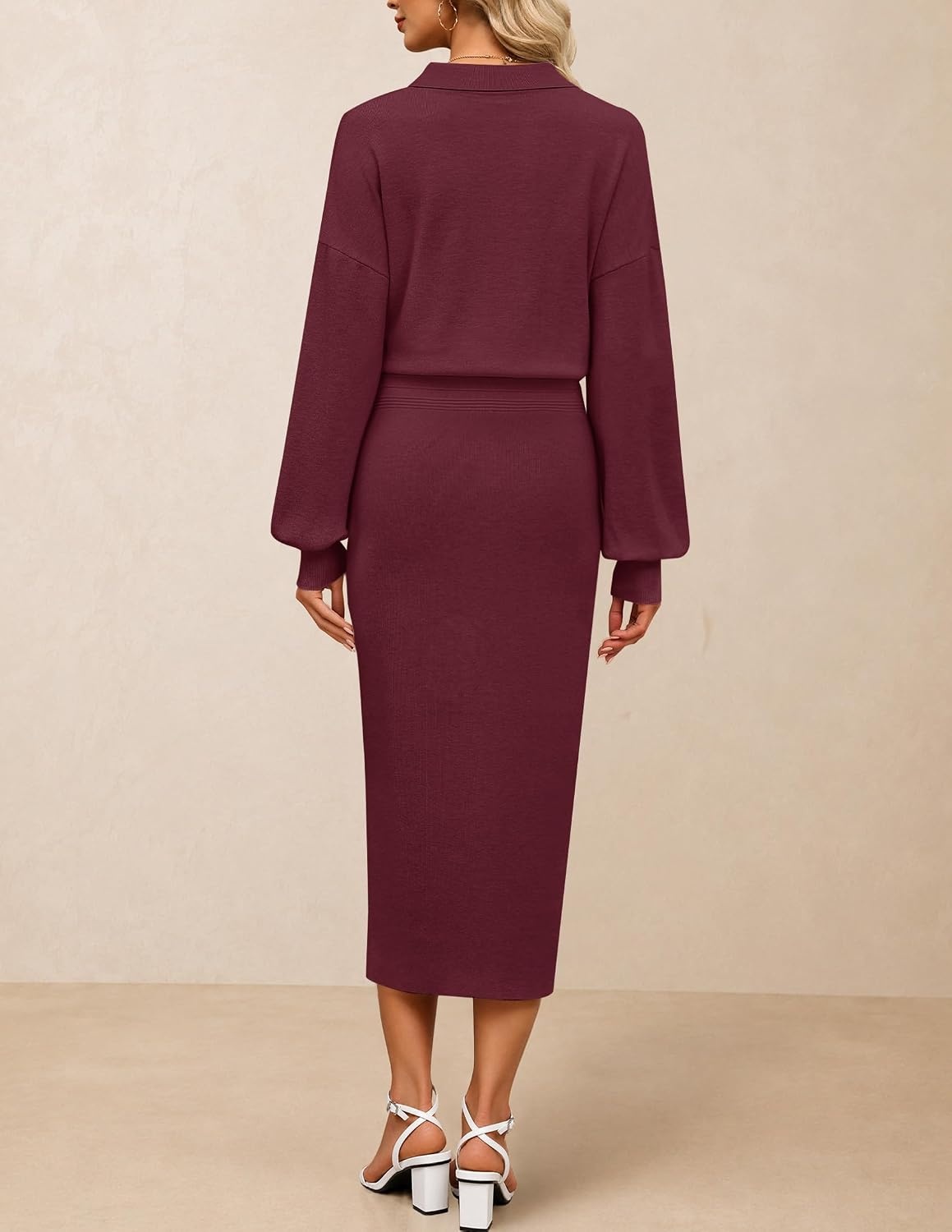 image:imageMEROKEETY Womens Fall Long Sleeve Bodycon Midi Sweater DressWine
