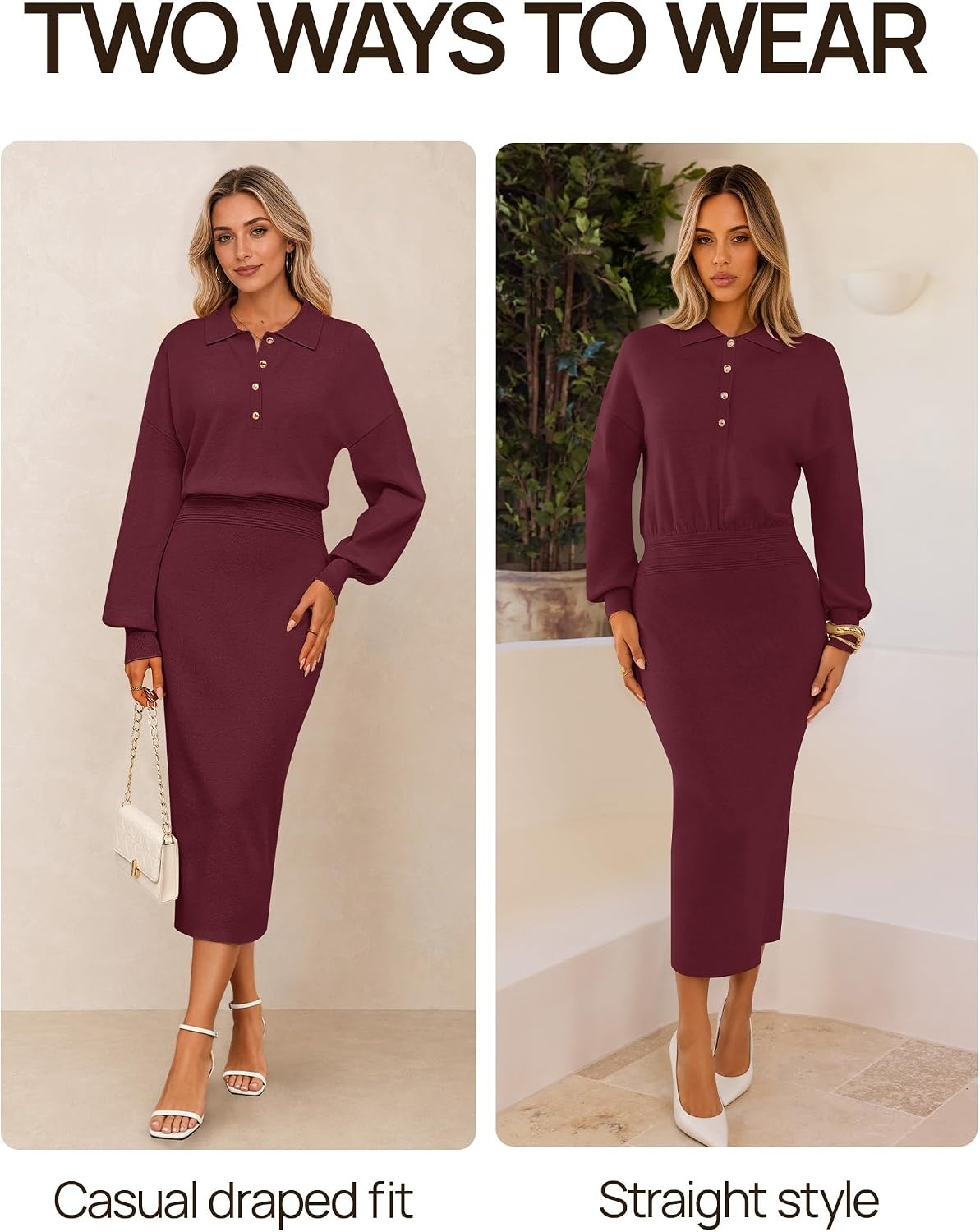 image:imageMEROKEETY Womens Fall Long Sleeve Bodycon Midi Sweater DressWine