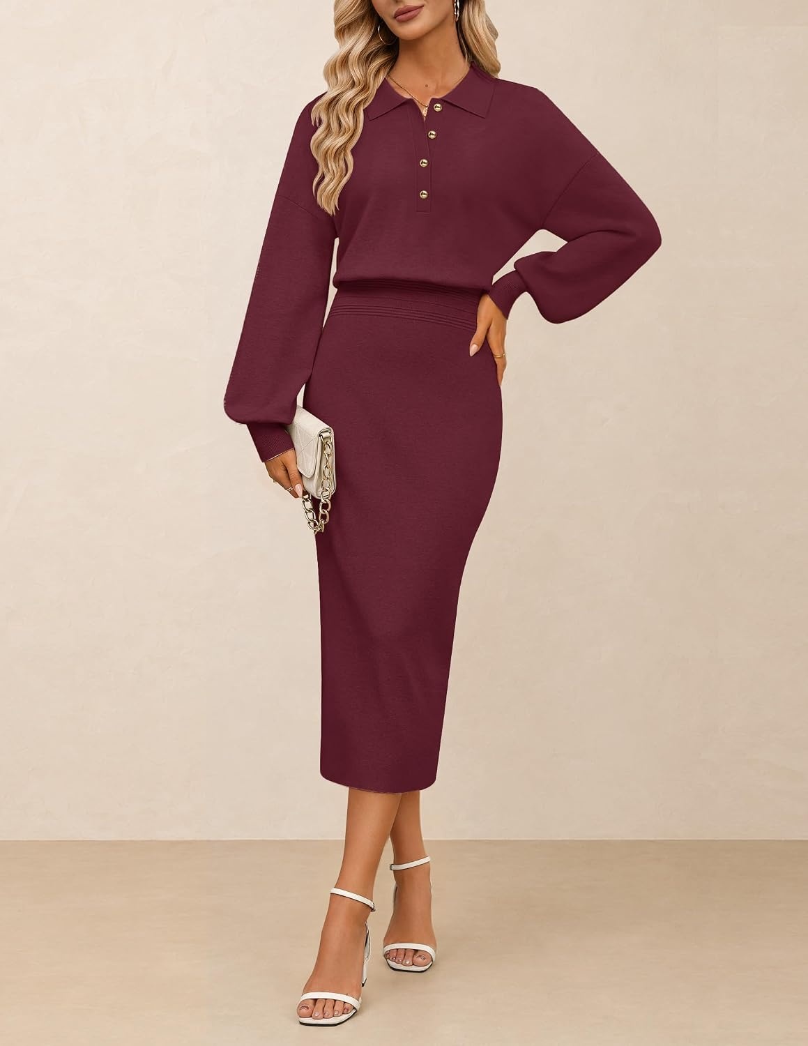 image:imageMEROKEETY Womens Fall Long Sleeve Bodycon Midi Sweater DressWine