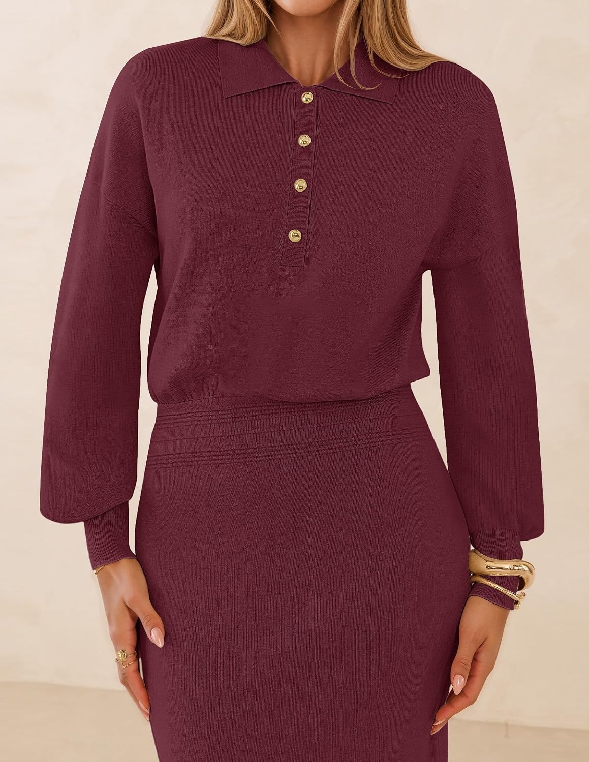 image:imageMEROKEETY Womens Fall Long Sleeve Bodycon Midi Sweater DressWine