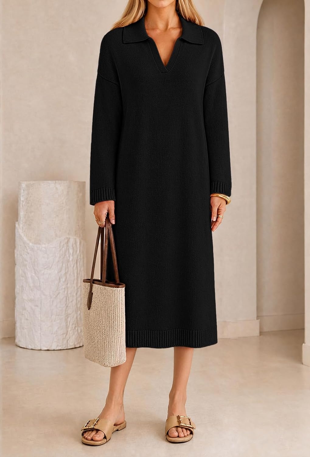 image:imageMEROKEETY Womens Fall Long Sleeve Midi Sweater Dress V Neck Knit DressesBlack