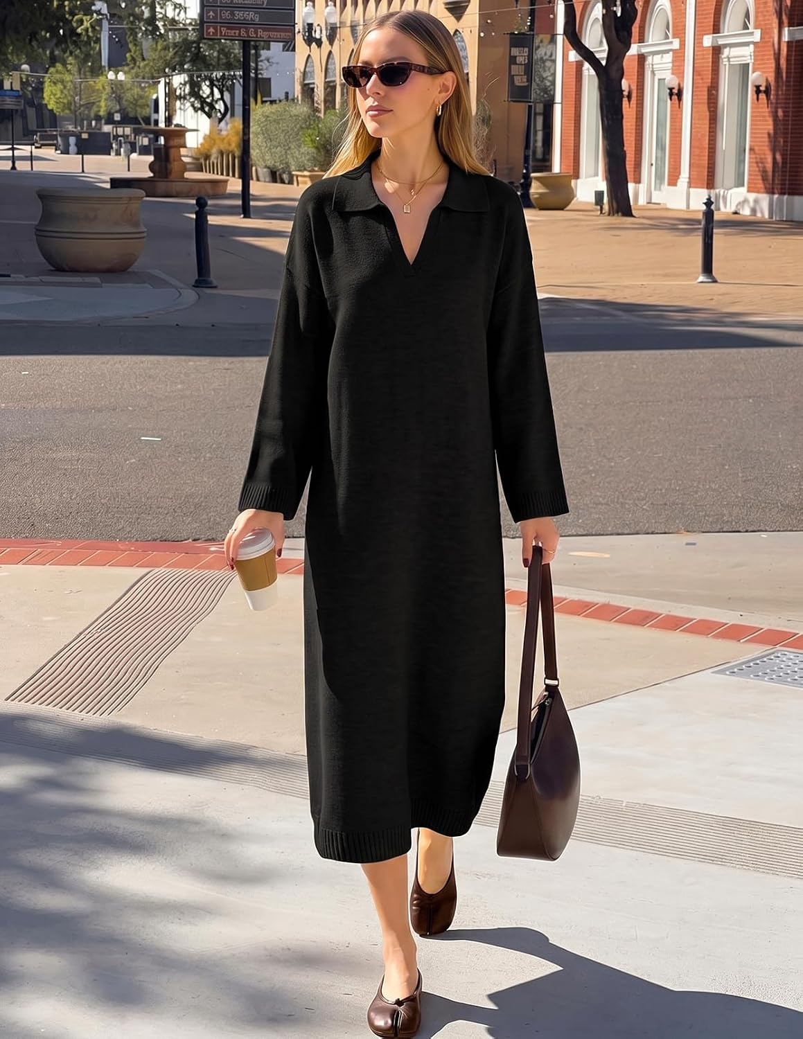 image:imageMEROKEETY Womens Fall Long Sleeve Midi Sweater Dress V Neck Knit DressesBlack