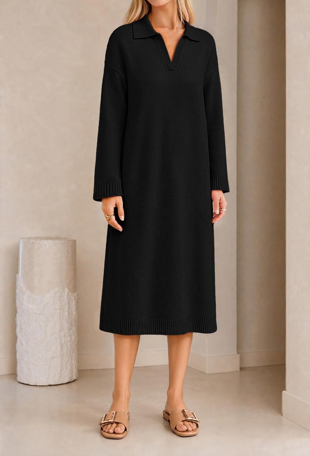 image:imageMEROKEETY Womens Fall Long Sleeve Midi Sweater Dress V Neck Knit DressesBlack