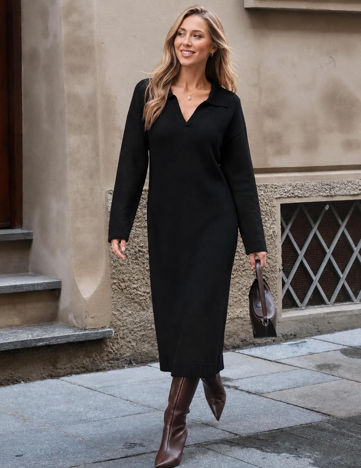 image:imageMEROKEETY Womens Fall Long Sleeve Midi Sweater Dress V Neck Knit DressesBlack