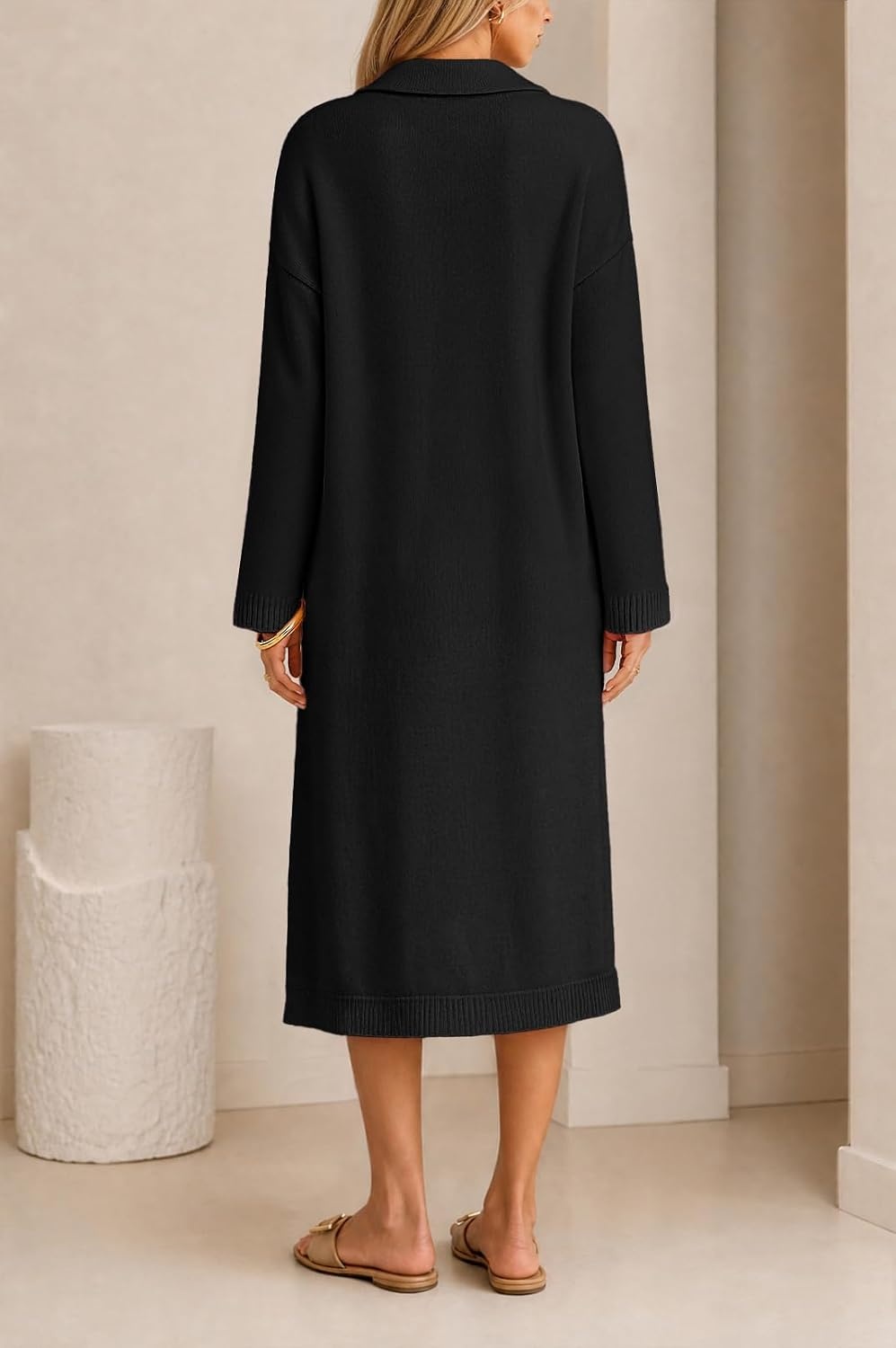 image:imageMEROKEETY Womens Fall Long Sleeve Midi Sweater Dress V Neck Knit DressesBlack