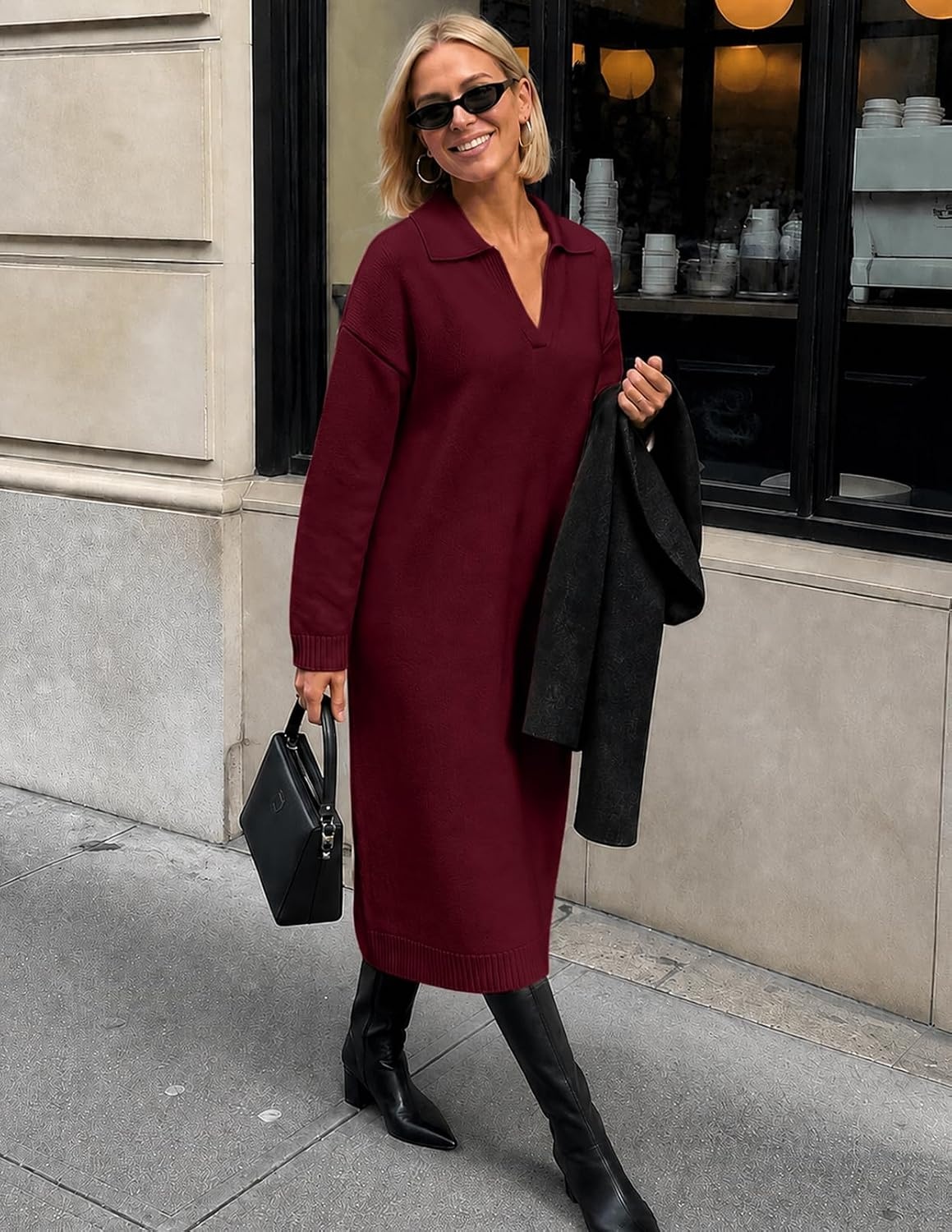 image:imageMEROKEETY Womens Fall Long Sleeve Midi Sweater Dress V Neck Knit DressesBurgundy