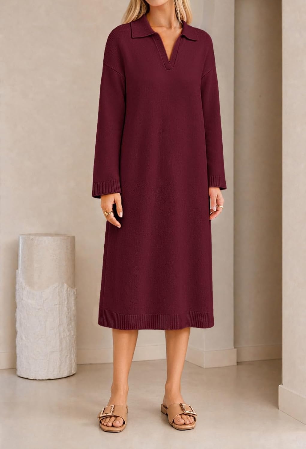 image:imageMEROKEETY Womens Fall Long Sleeve Midi Sweater Dress V Neck Knit DressesBurgundy