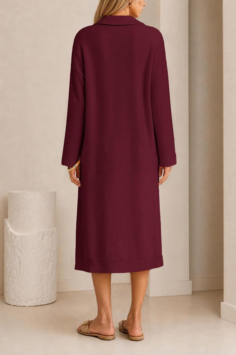 image:imageMEROKEETY Womens Fall Long Sleeve Midi Sweater Dress V Neck Knit DressesBurgundy
