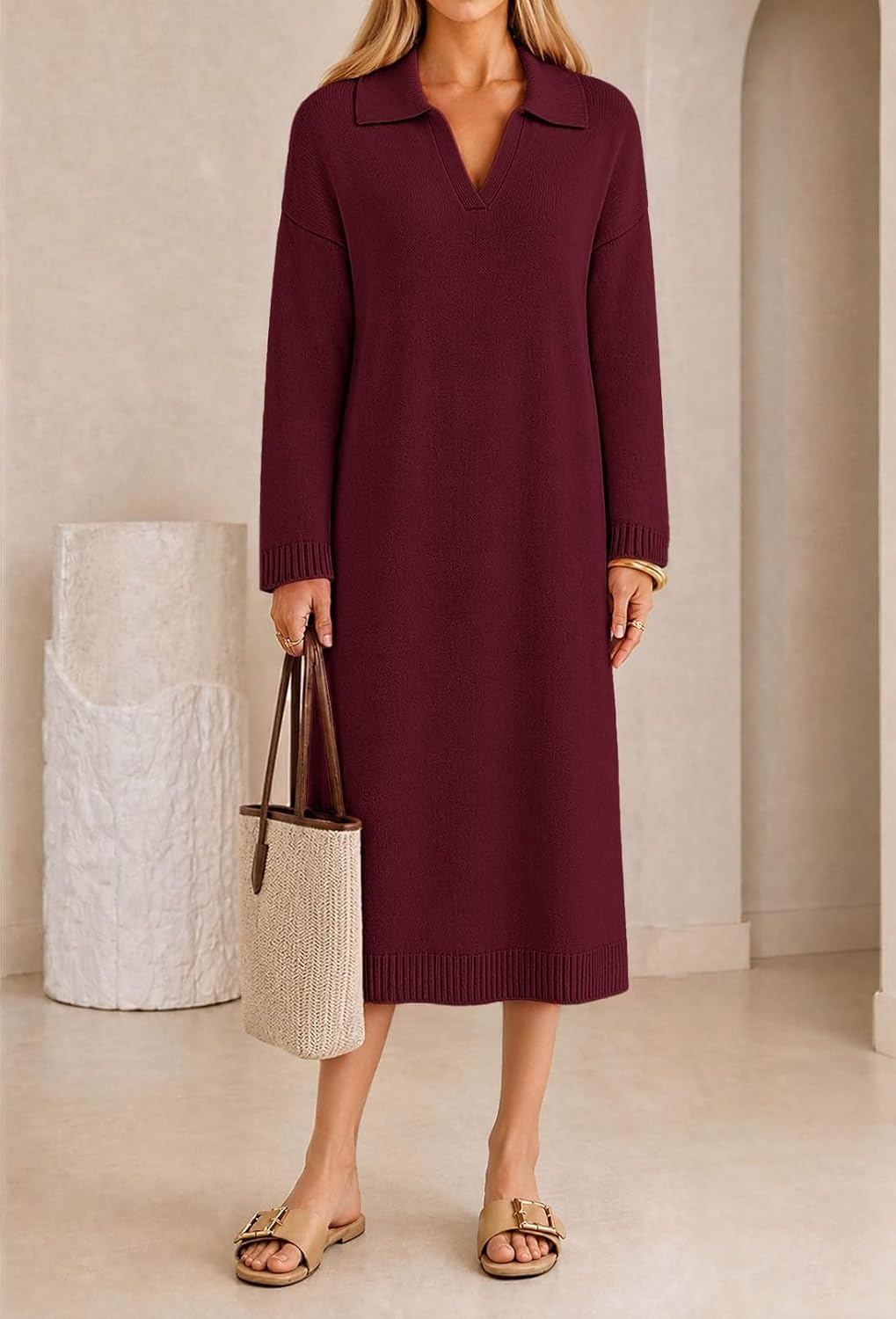 image:imageMEROKEETY Womens Fall Long Sleeve Midi Sweater Dress V Neck Knit DressesBurgundy