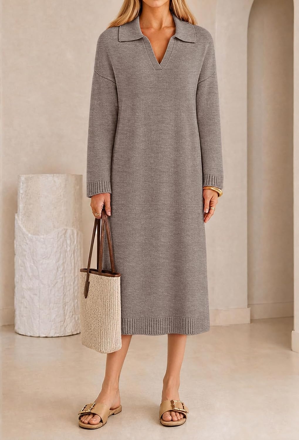 image:imageMEROKEETY Womens Fall Long Sleeve Midi Sweater Dress V Neck Knit DressesCamel