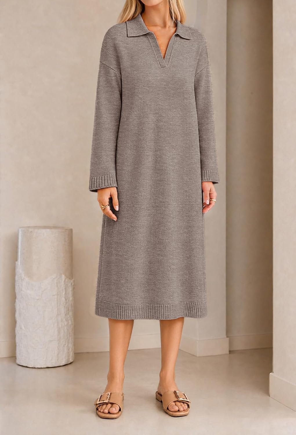 image:imageMEROKEETY Womens Fall Long Sleeve Midi Sweater Dress V Neck Knit DressesCamel