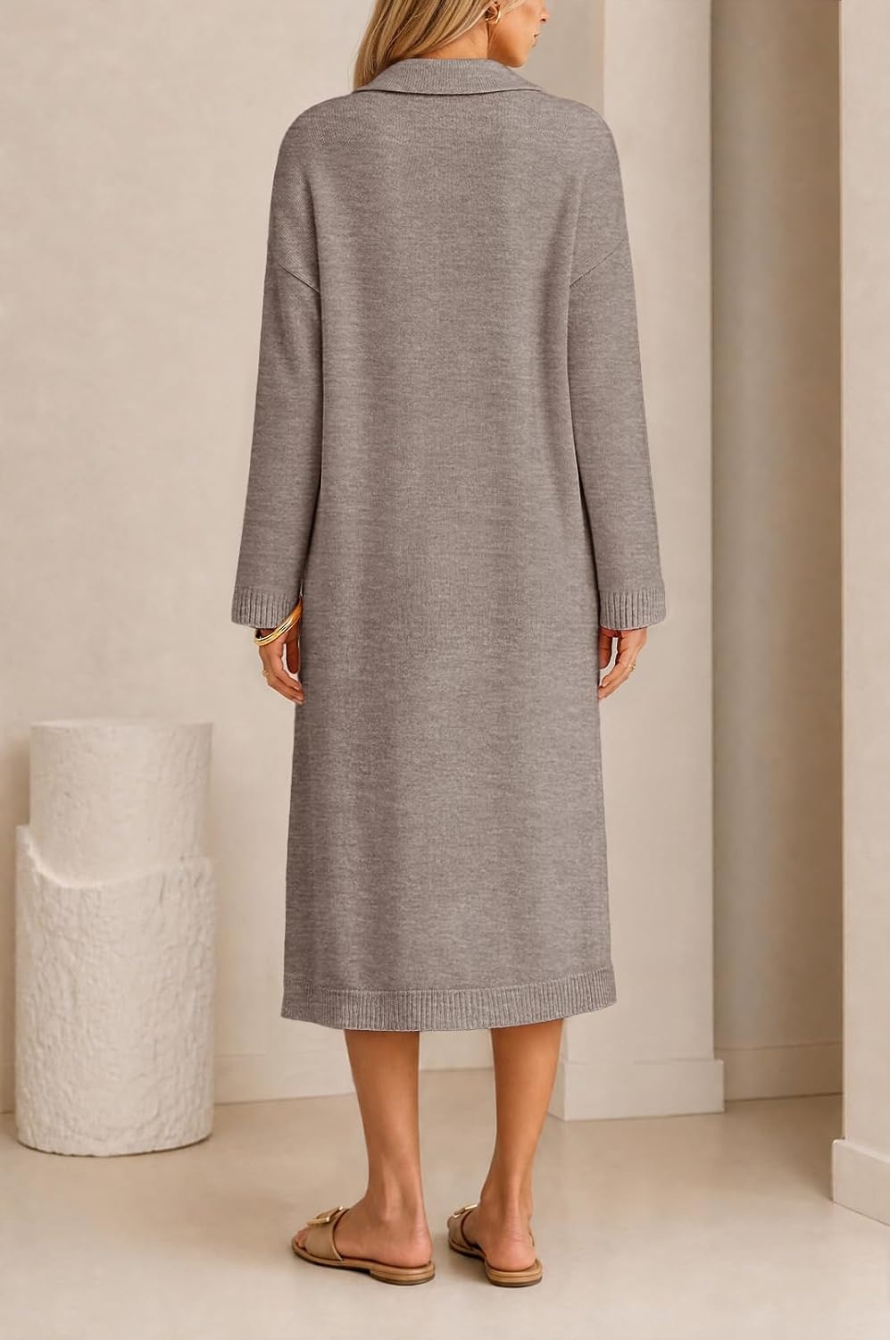 image:imageMEROKEETY Womens Fall Long Sleeve Midi Sweater Dress V Neck Knit DressesCamel