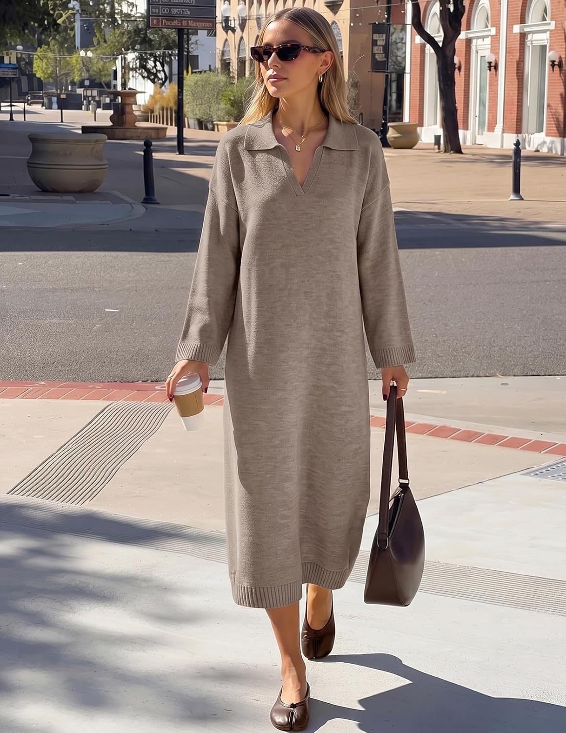 image:imageMEROKEETY Womens Fall Long Sleeve Midi Sweater Dress V Neck Knit DressesCamel