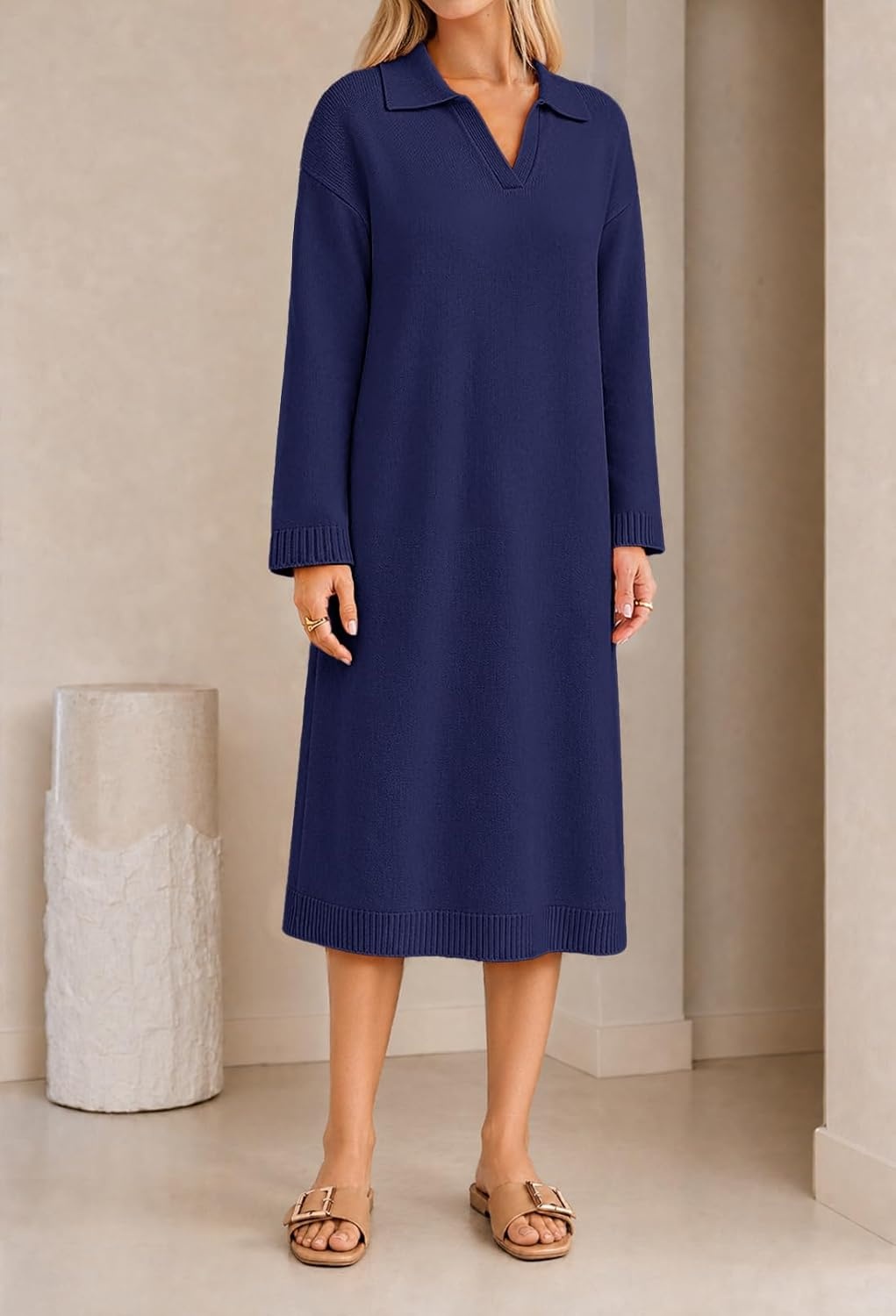 image:imageMEROKEETY Womens Fall Long Sleeve Midi Sweater Dress V Neck Knit DressesNavy