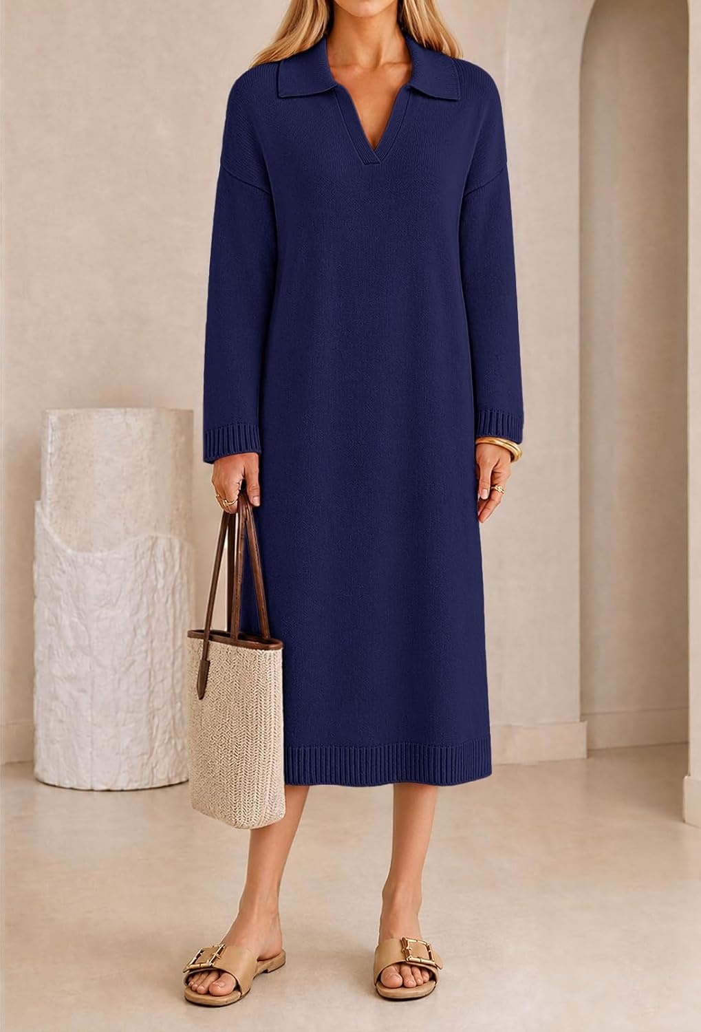 image:imageMEROKEETY Womens Fall Long Sleeve Midi Sweater Dress V Neck Knit DressesNavy