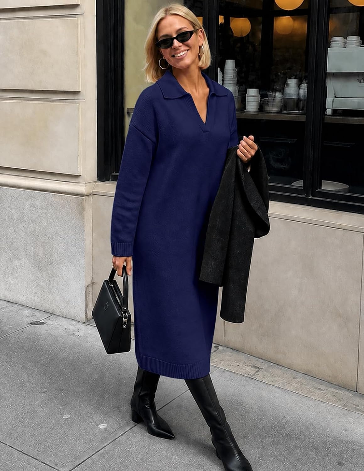 image:imageMEROKEETY Womens Fall Long Sleeve Midi Sweater Dress V Neck Knit DressesNavy