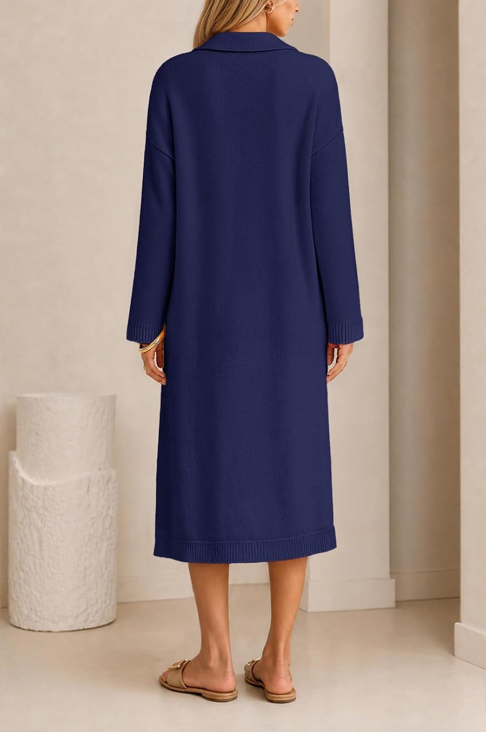 image:imageMEROKEETY Womens Fall Long Sleeve Midi Sweater Dress V Neck Knit DressesNavy
