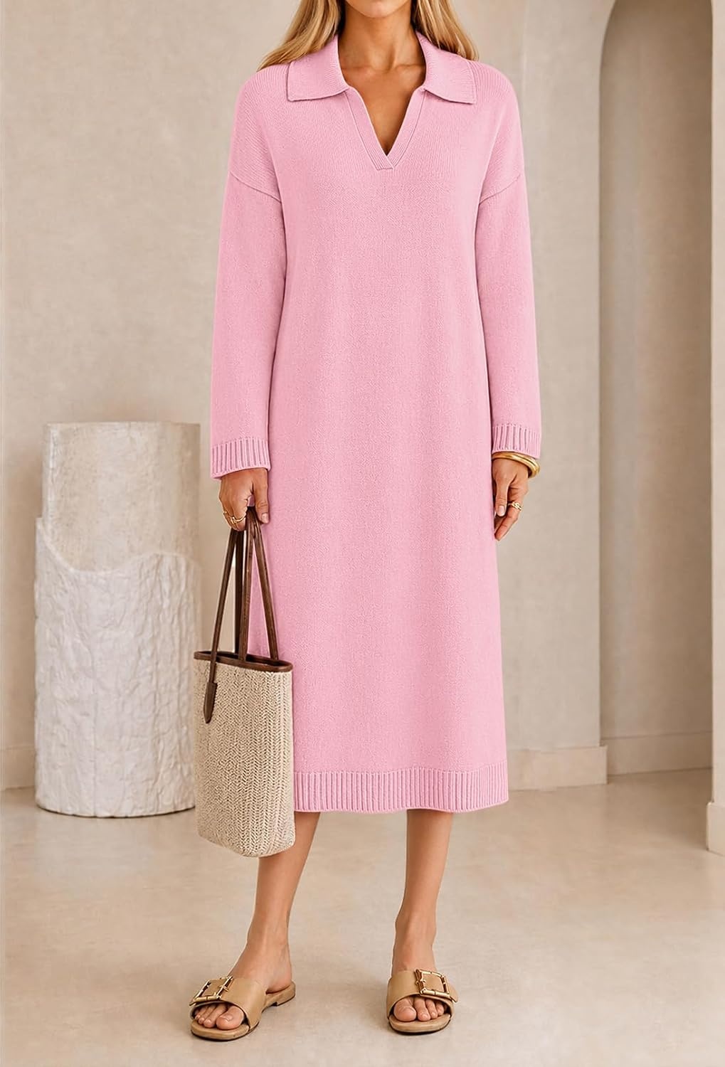 image:imageMEROKEETY Womens Fall Long Sleeve Midi Sweater Dress V Neck Knit DressesPink