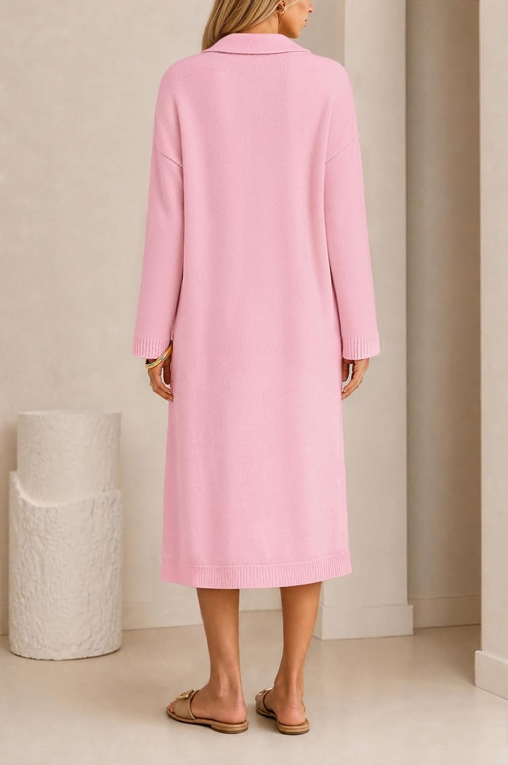image:imageMEROKEETY Womens Fall Long Sleeve Midi Sweater Dress V Neck Knit DressesPink