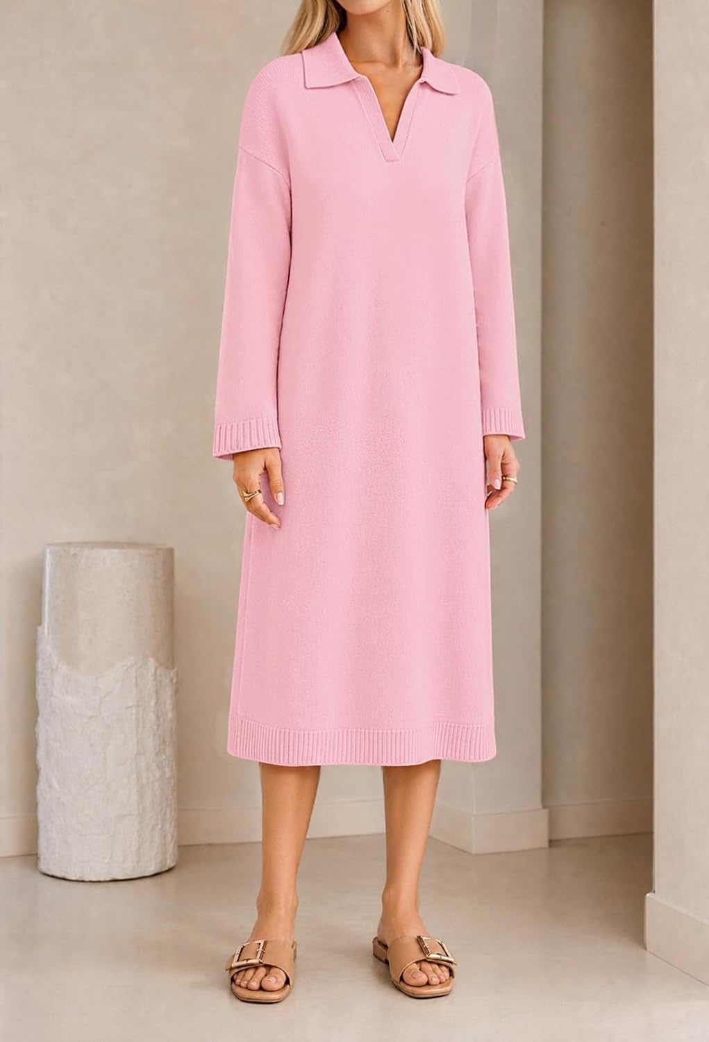 image:imageMEROKEETY Womens Fall Long Sleeve Midi Sweater Dress V Neck Knit DressesPink