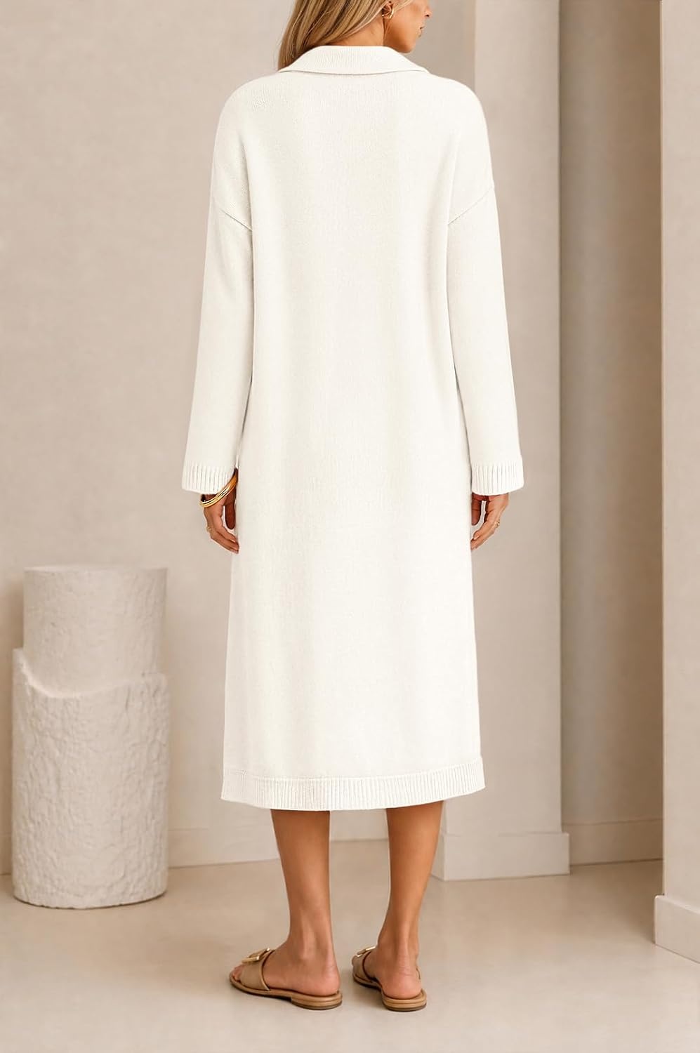 image:imageMEROKEETY Womens Fall Long Sleeve Midi Sweater Dress V Neck Knit DressesWhite
