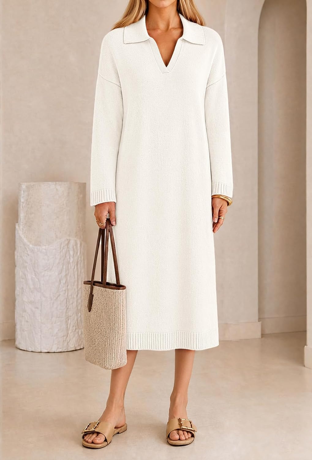 image:imageMEROKEETY Womens Fall Long Sleeve Midi Sweater Dress V Neck Knit DressesWhite