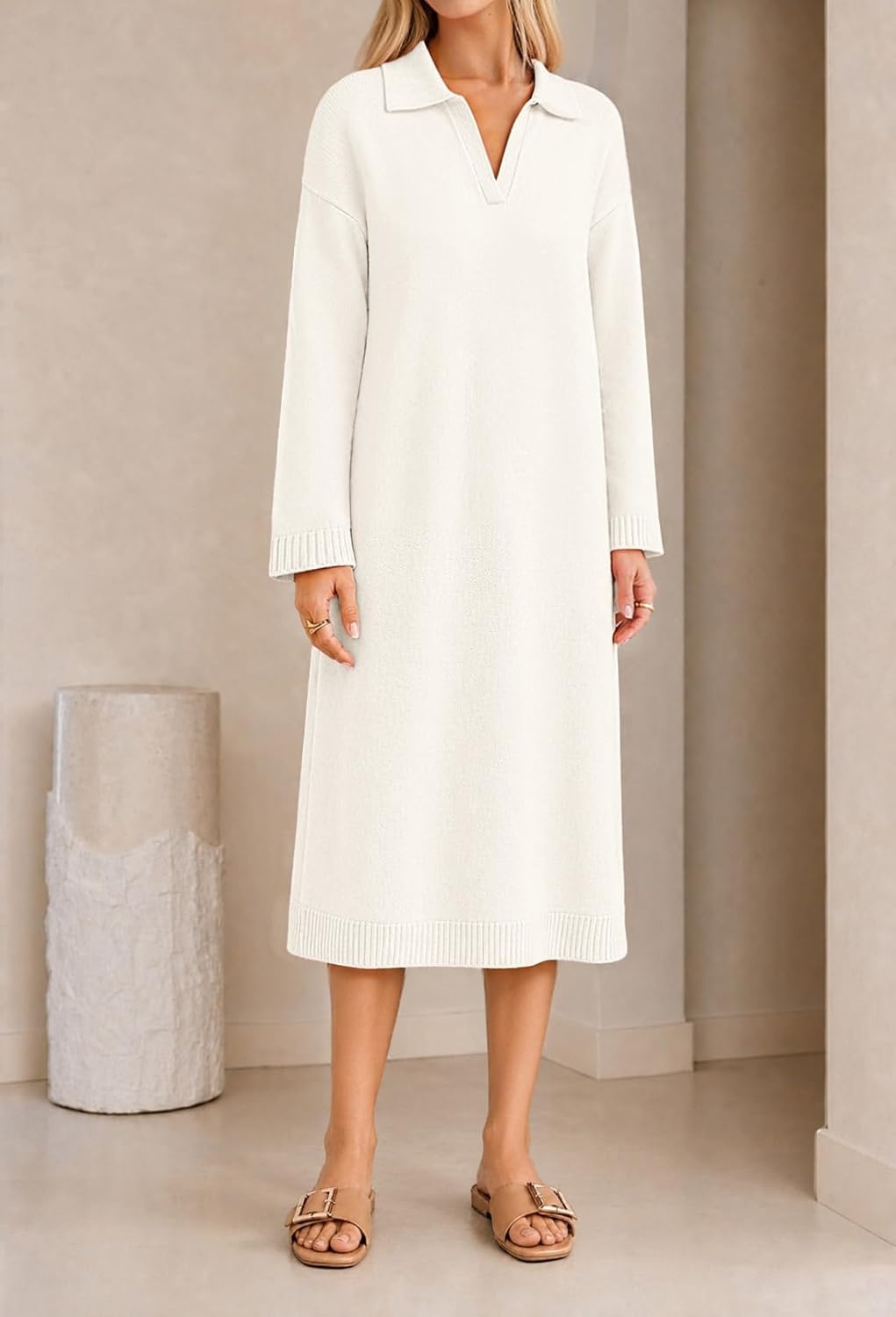 image:imageMEROKEETY Womens Fall Long Sleeve Midi Sweater Dress V Neck Knit DressesWhite