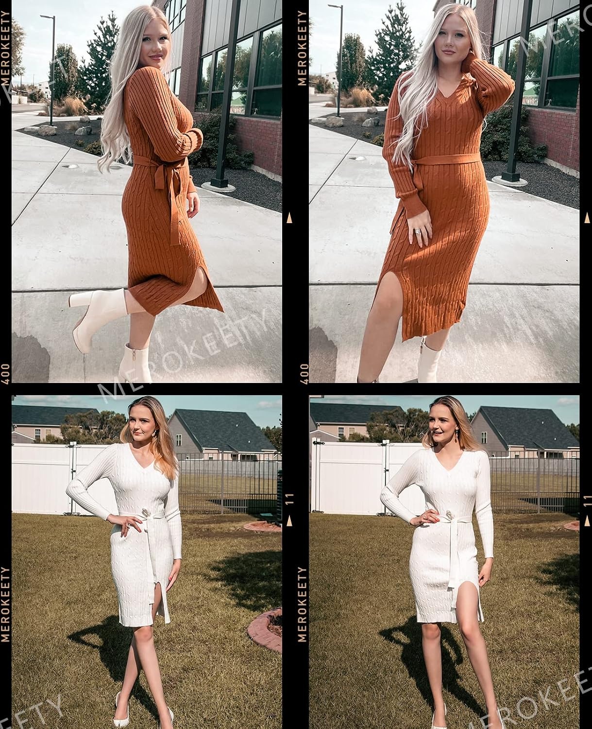 image:imageMEROKEETY Womens Fall Long Sleeve V Neck Cable Knit Midi Sweater Dress 2026Caramel