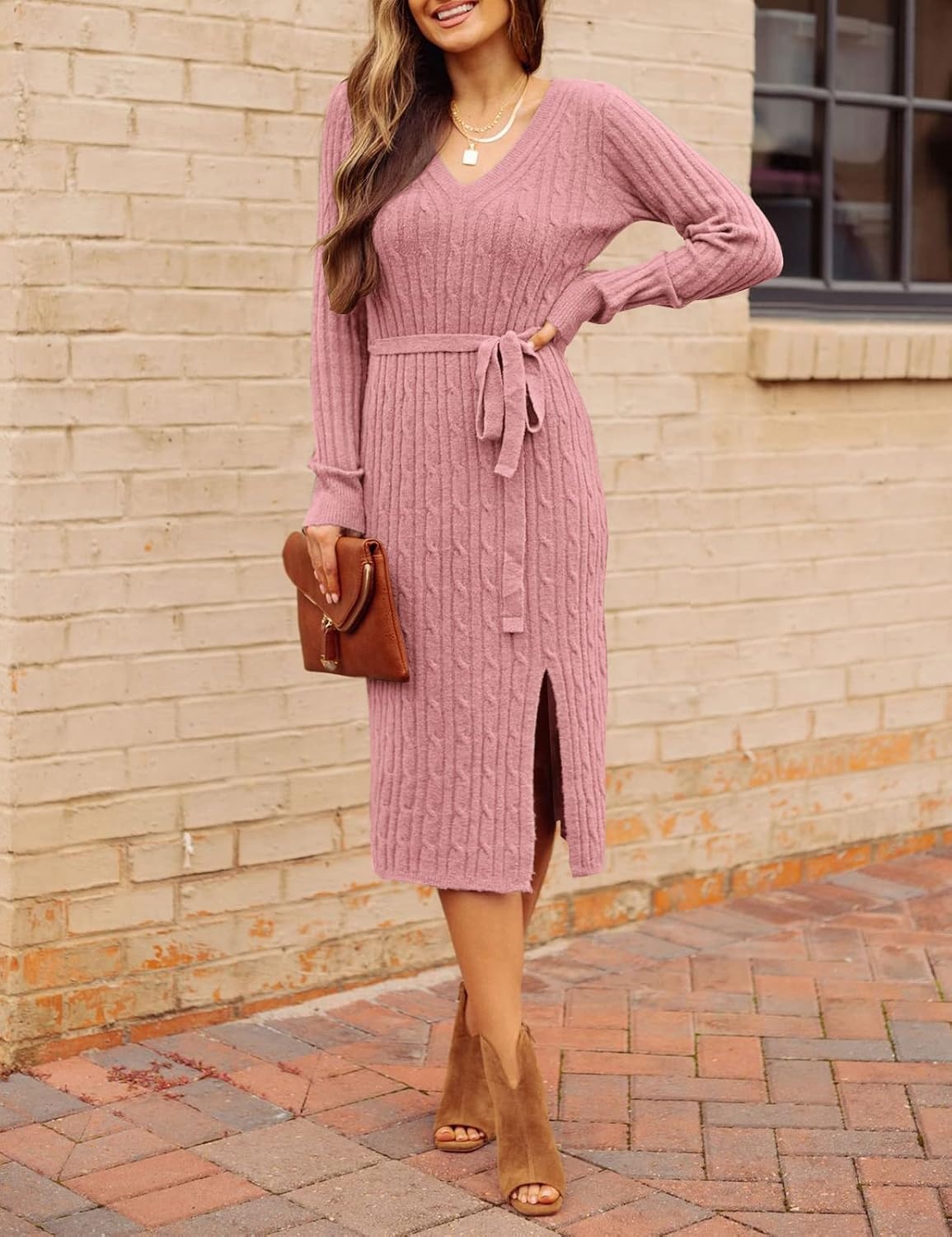 image:imageMEROKEETY Womens Fall Long Sleeve V Neck Cable Knit Midi Sweater Dress 2026Dustypink