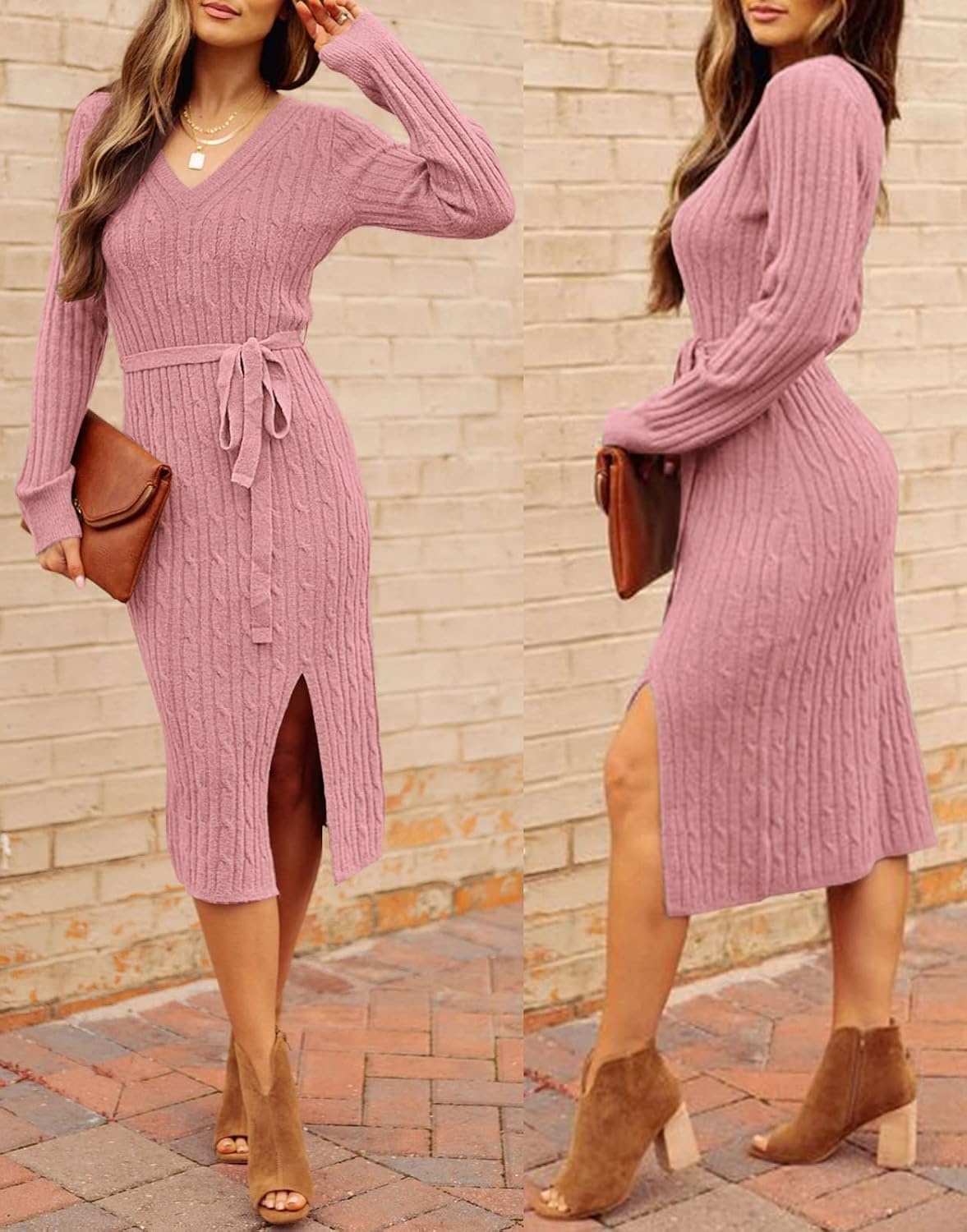 image:imageMEROKEETY Womens Fall Long Sleeve V Neck Cable Knit Midi Sweater Dress 2026Dustypink