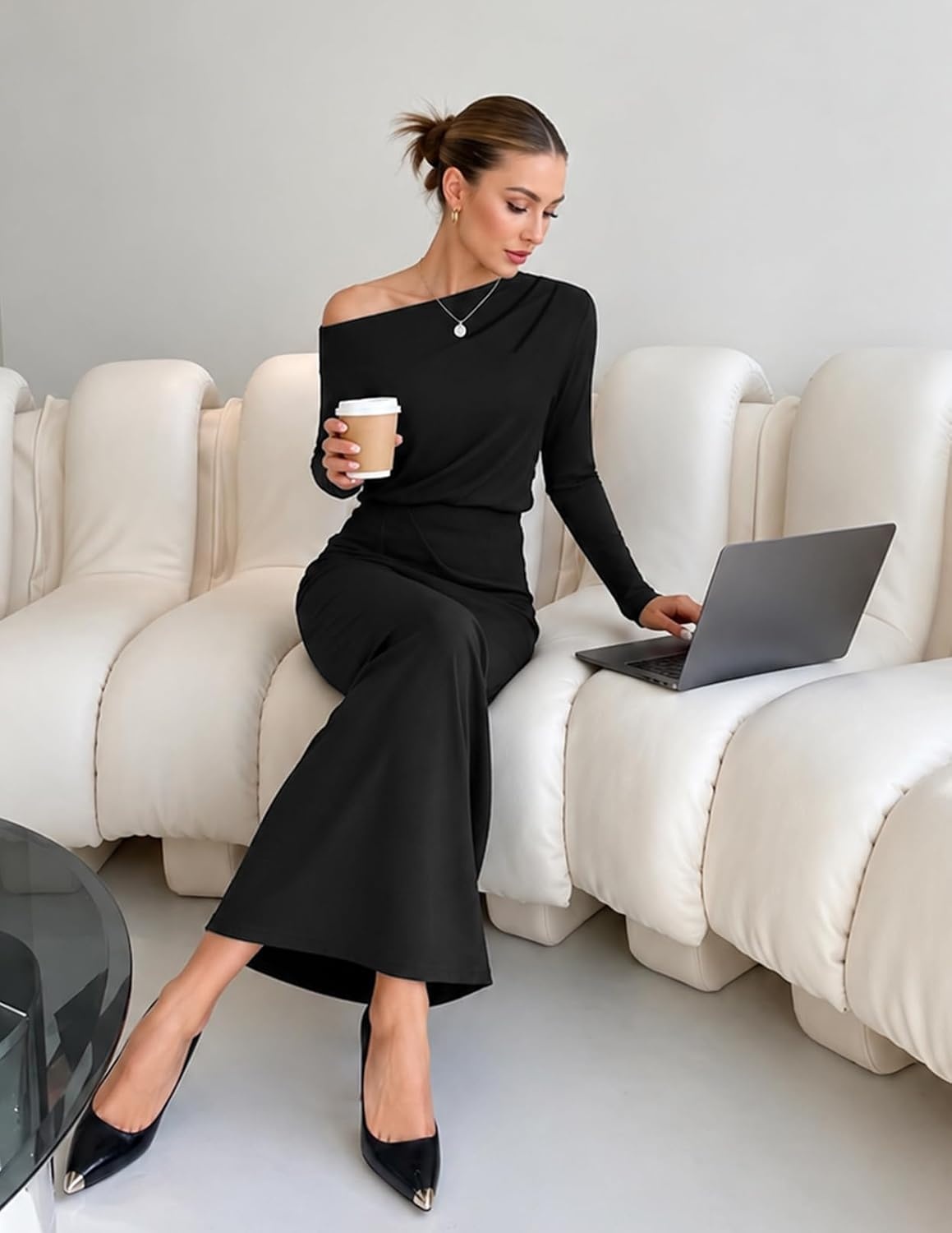 image:imageMEROKEETY Womens Fall Off Shoulder Long Sleeve Wedding Guest Midi DressBlack