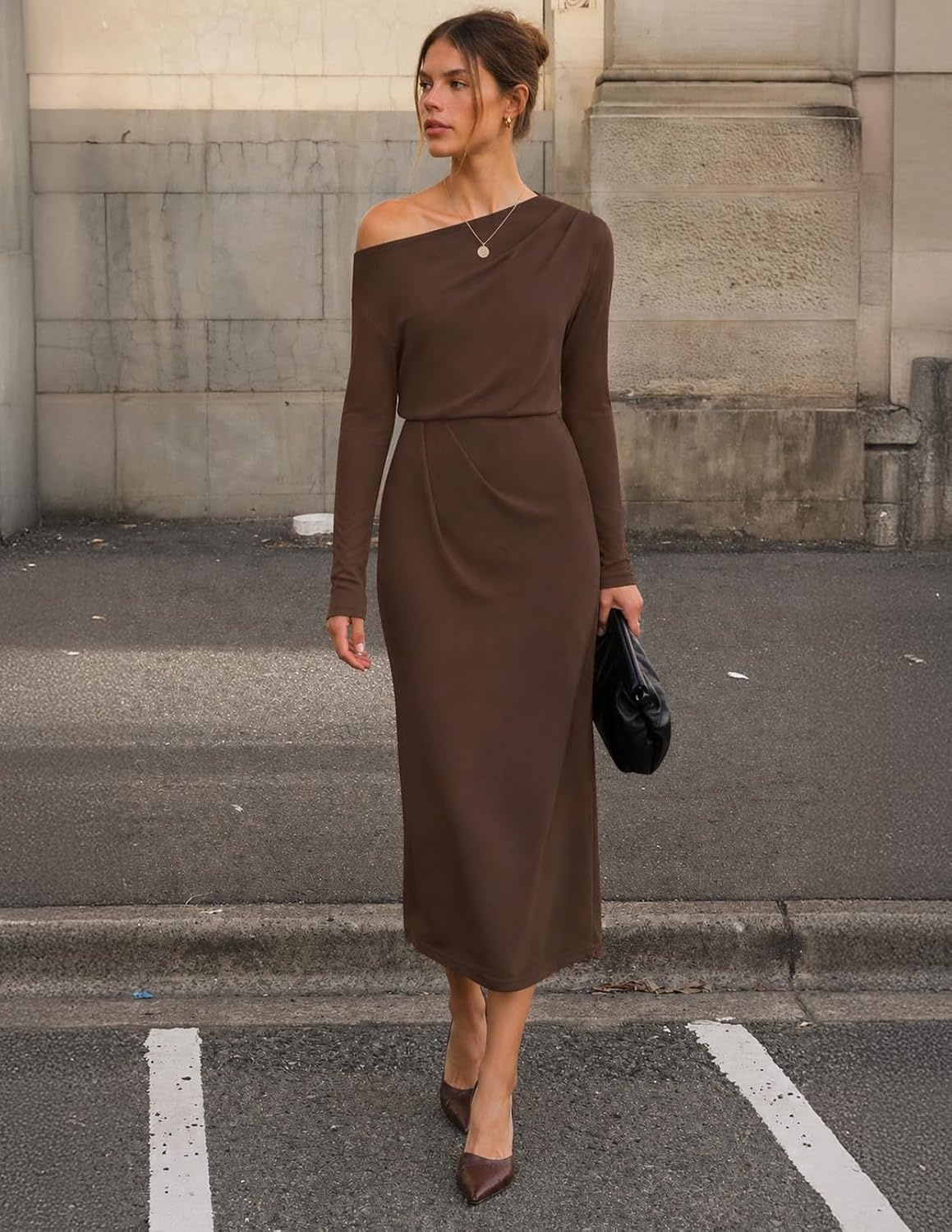 image:imageMEROKEETY Womens Fall Off Shoulder Long Sleeve Wedding Guest Midi DressCoffee