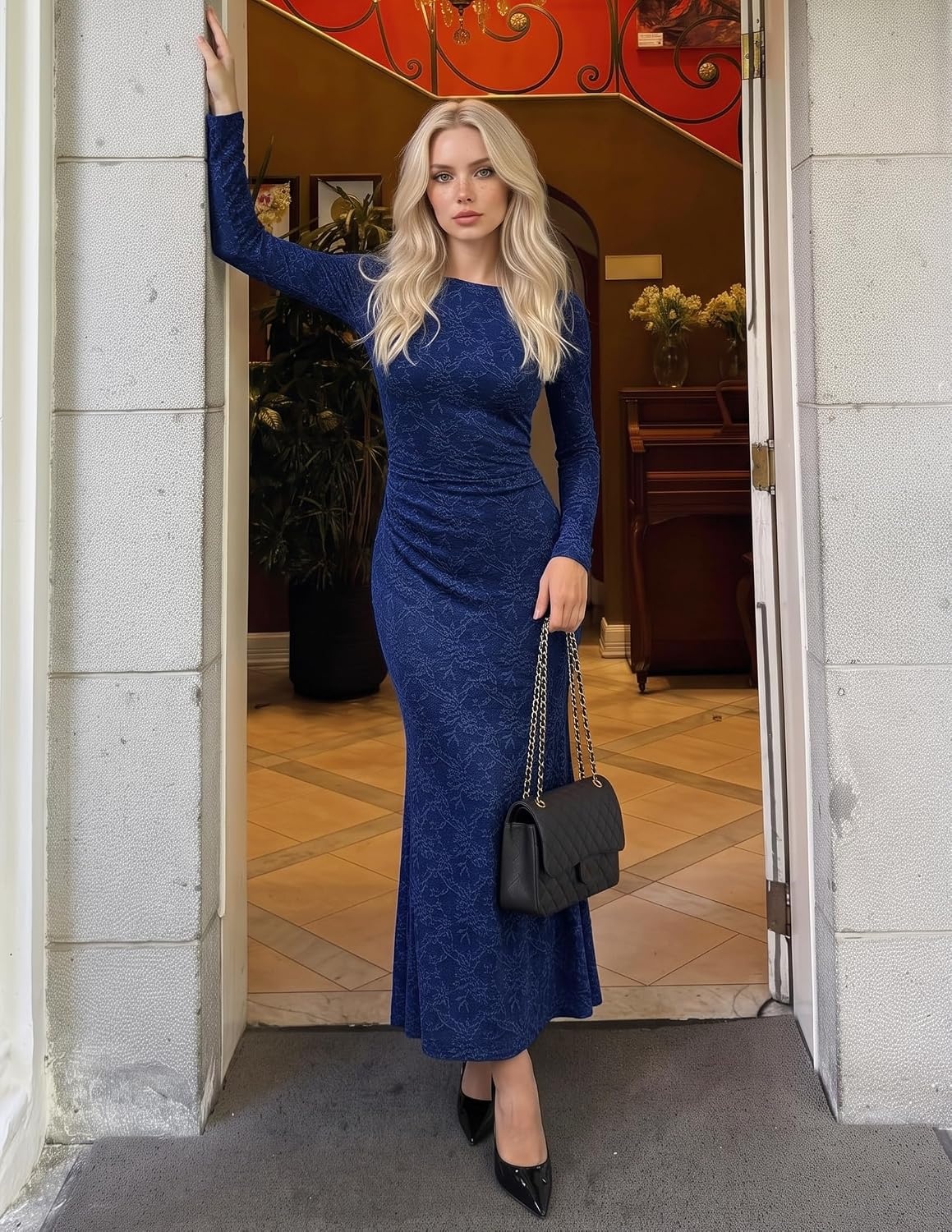 image:imageMEROKEETY Womens Fall Wedding Guest Formal Floral Maxi DressesNavy