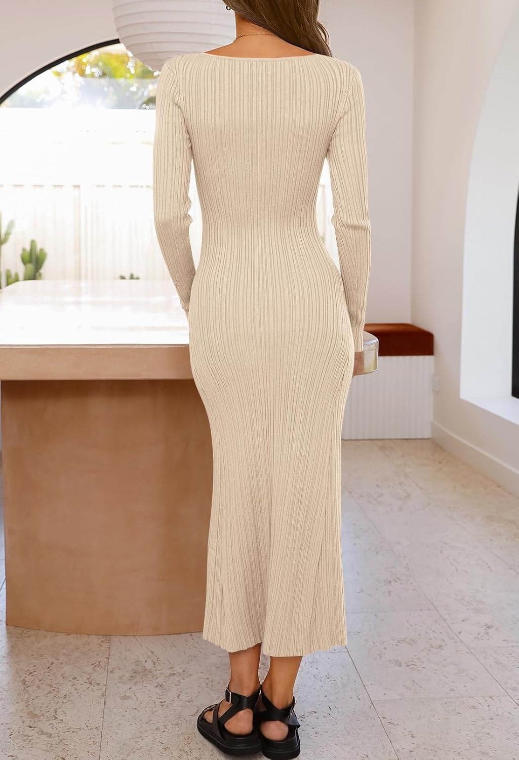 image:imageMEROKEETY Womens Fall Winter Long Sleeve Bodycon Maxi Sweater DressApricot