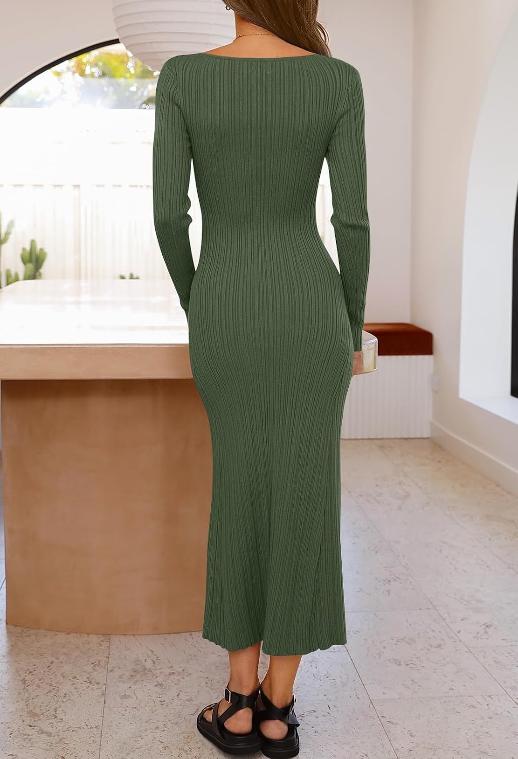 image:imageMEROKEETY Womens Fall Winter Long Sleeve Bodycon Maxi Sweater DressArmy Green