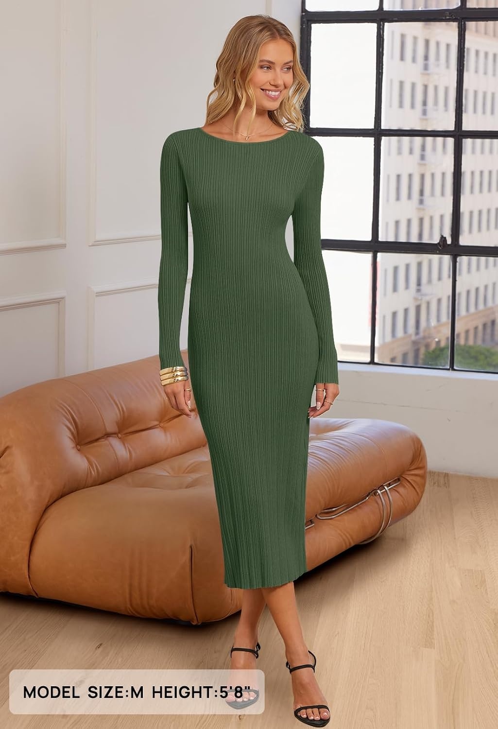 image:imageMEROKEETY Womens Fall Winter Long Sleeve Bodycon Maxi Sweater DressArmy Green