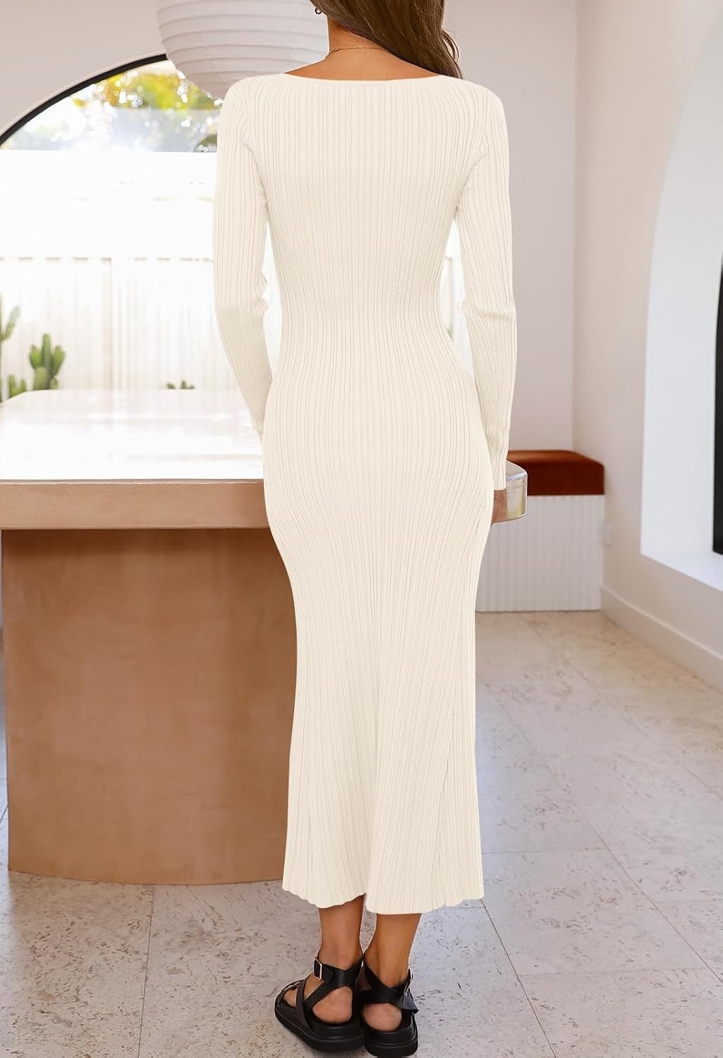 image:imageMEROKEETY Womens Fall Winter Long Sleeve Bodycon Maxi Sweater DressBeige