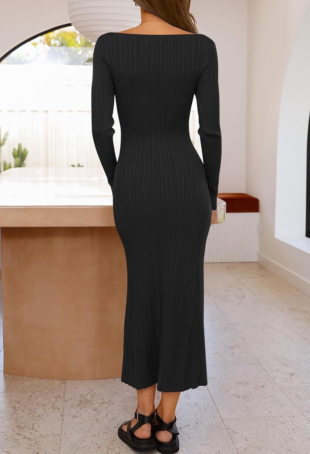 image:imageMEROKEETY Womens Fall Winter Long Sleeve Bodycon Maxi Sweater DressBlack