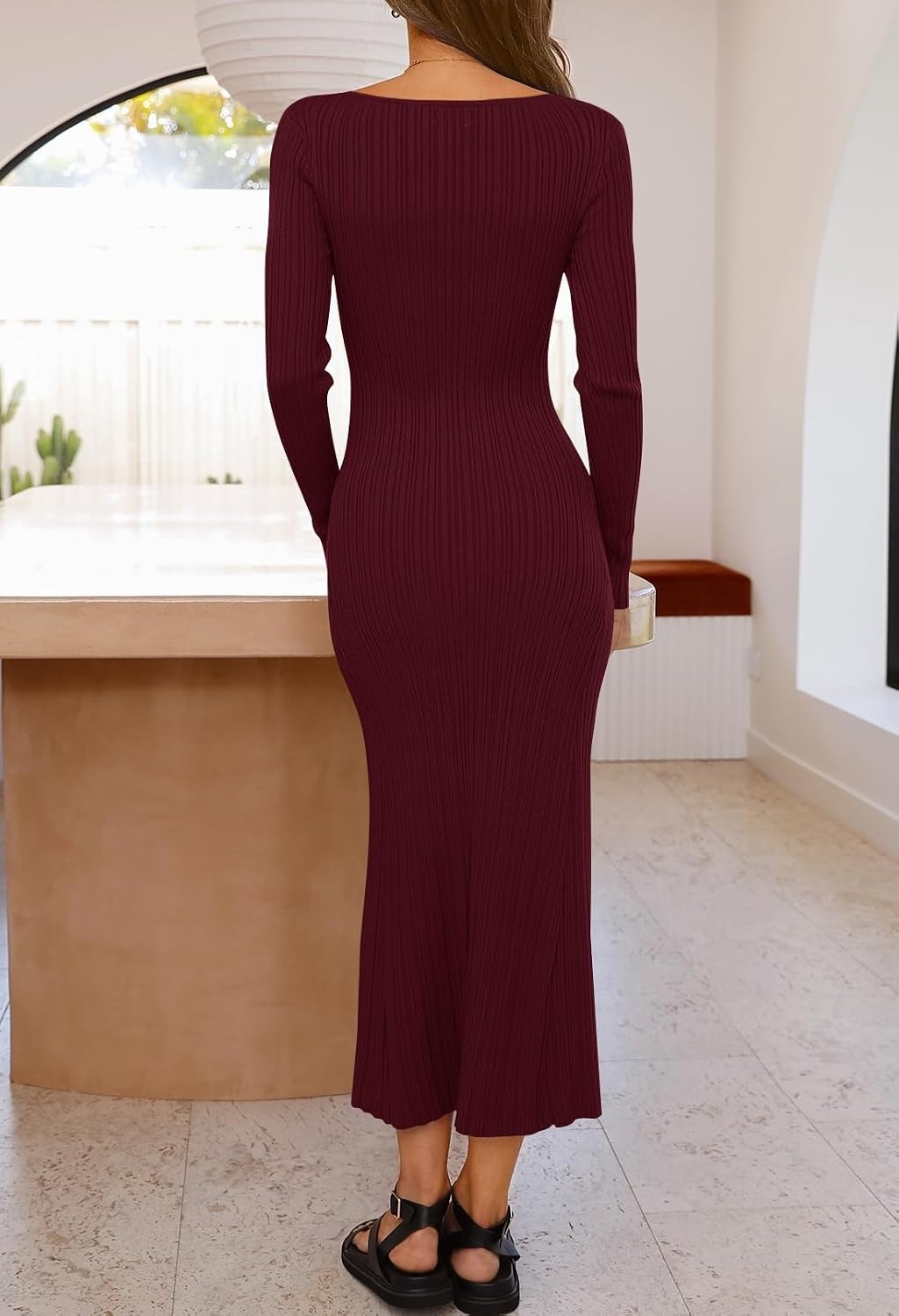 image:imageMEROKEETY Womens Fall Winter Long Sleeve Bodycon Maxi Sweater DressBurgundy