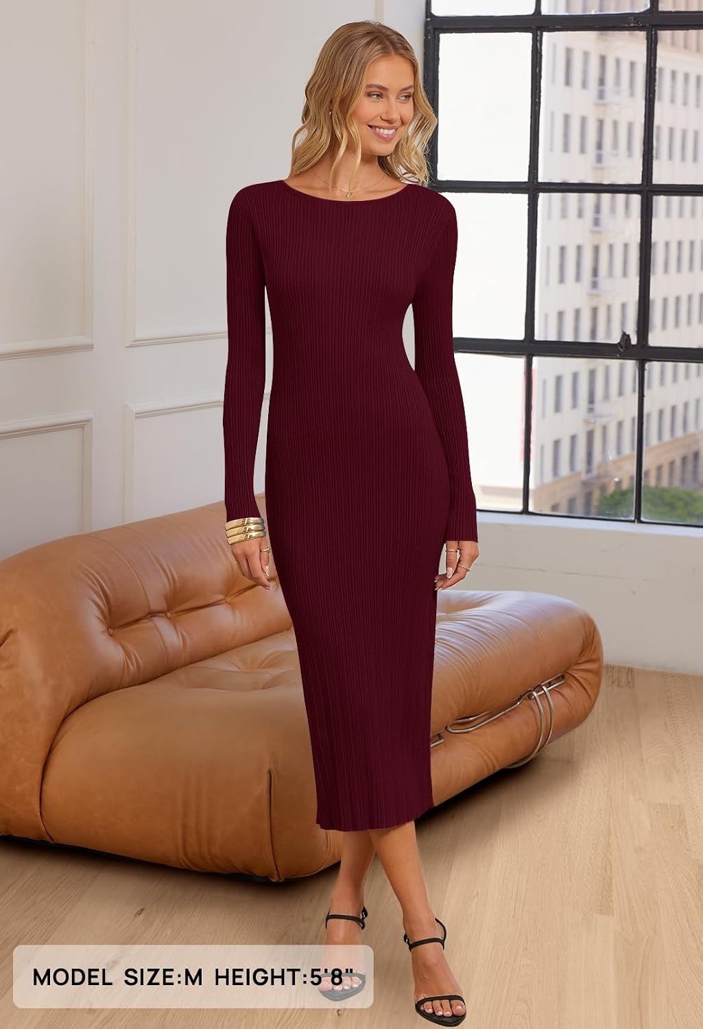 image:imageMEROKEETY Womens Fall Winter Long Sleeve Bodycon Maxi Sweater DressBurgundy