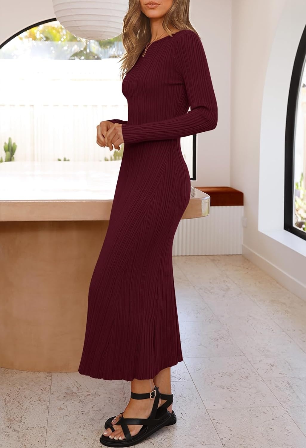 image:imageMEROKEETY Womens Fall Winter Long Sleeve Bodycon Maxi Sweater DressBurgundy