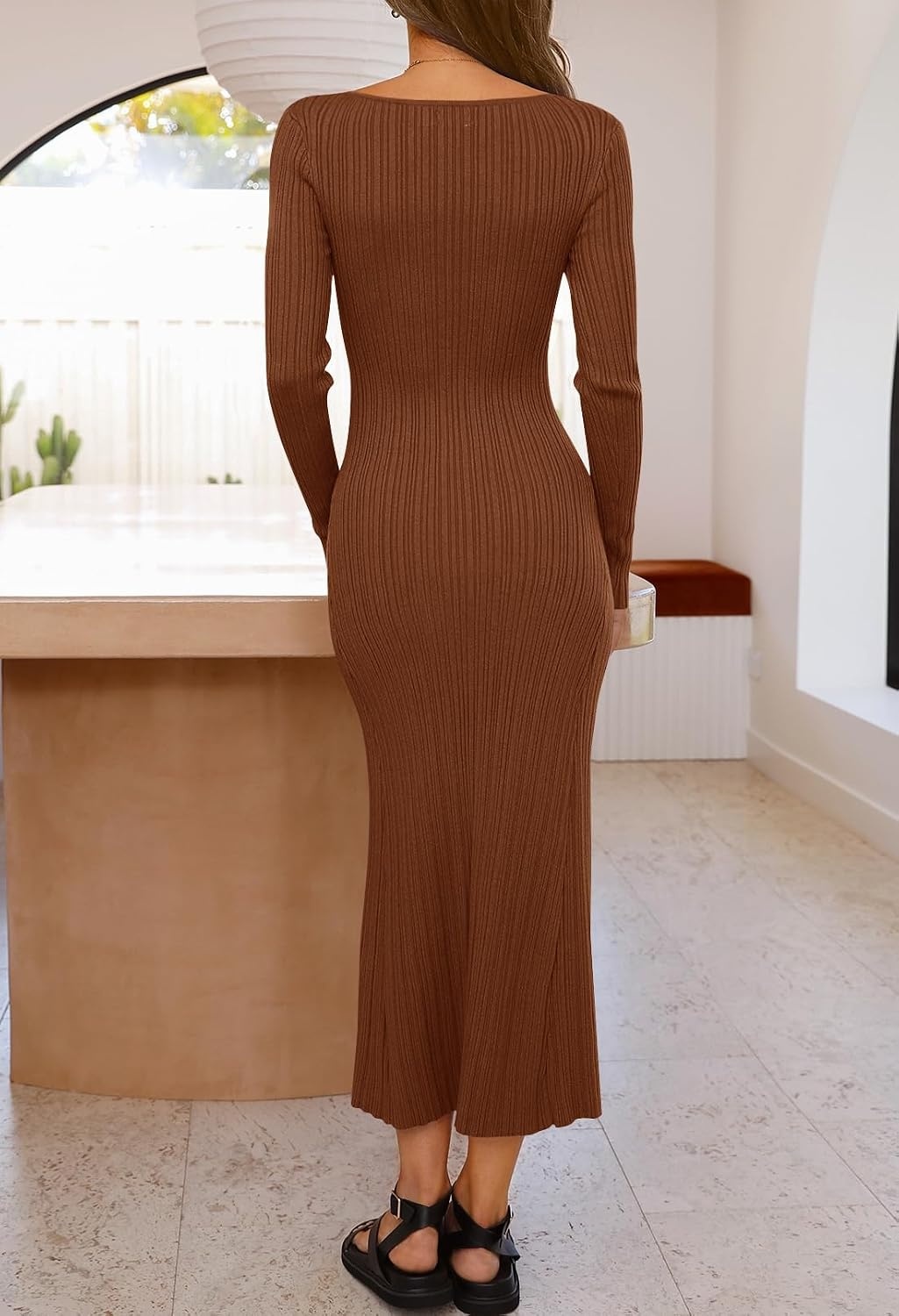 image:imageMEROKEETY Womens Fall Winter Long Sleeve Bodycon Maxi Sweater DressChocolate