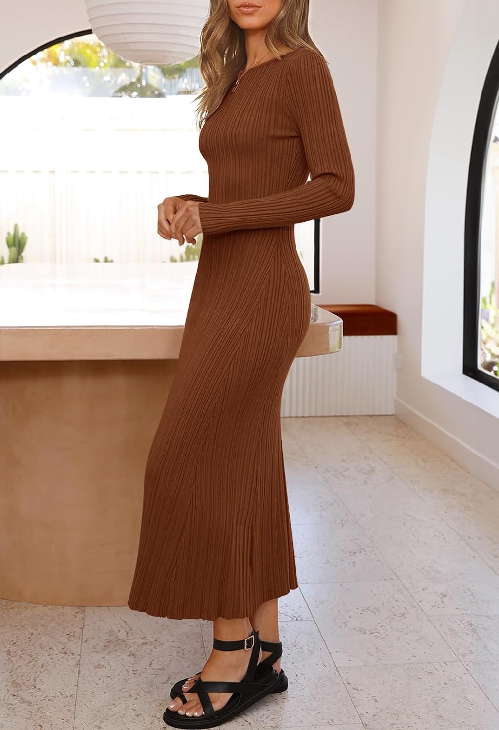 image:imageMEROKEETY Womens Fall Winter Long Sleeve Bodycon Maxi Sweater DressChocolate