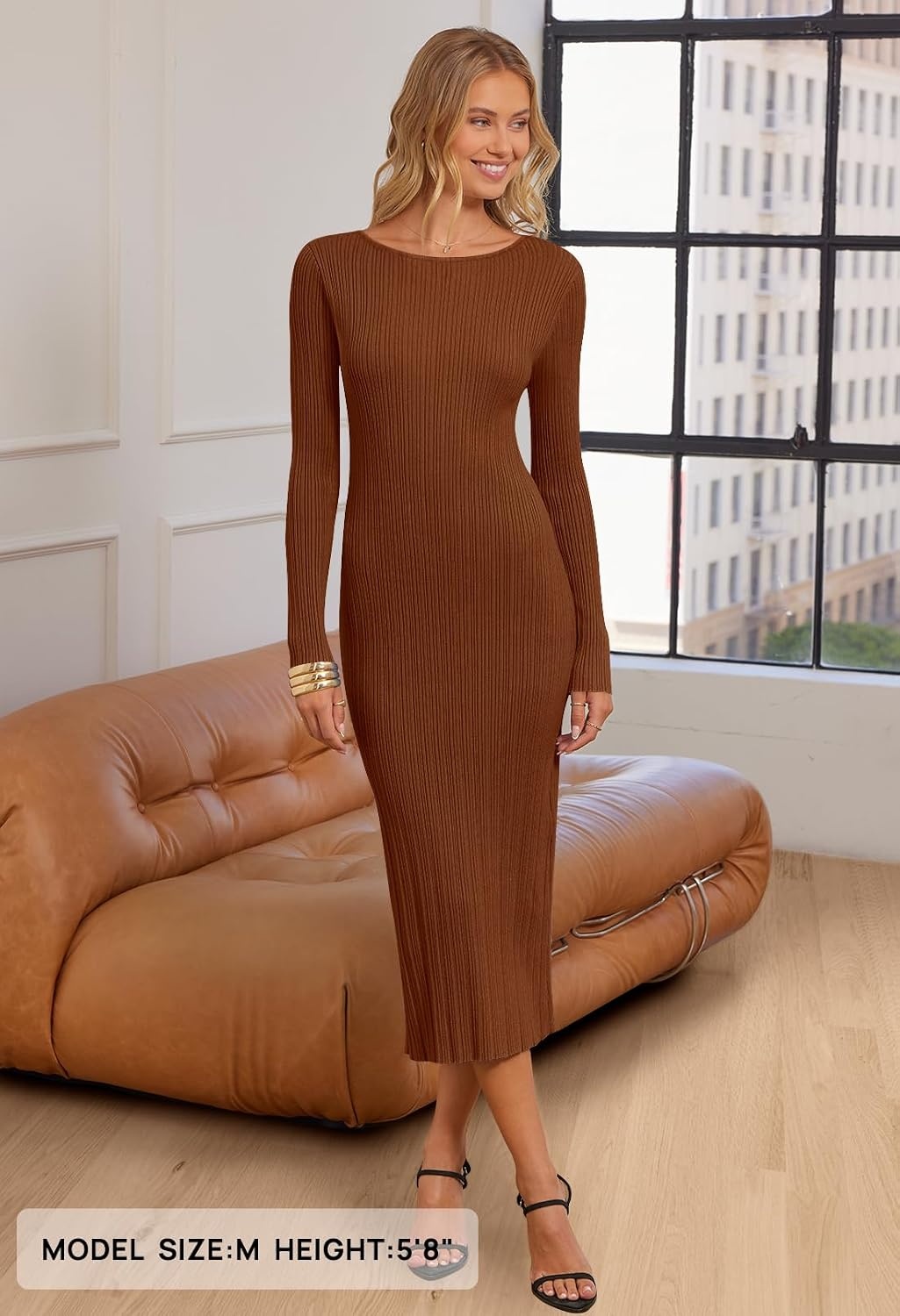 image:imageMEROKEETY Womens Fall Winter Long Sleeve Bodycon Maxi Sweater DressChocolate