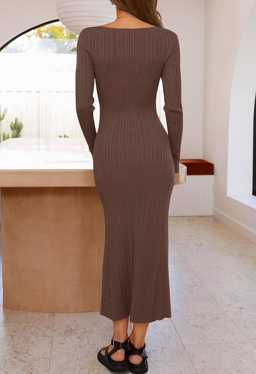 image:imageMEROKEETY Womens Fall Winter Long Sleeve Bodycon Maxi Sweater DressCoffee